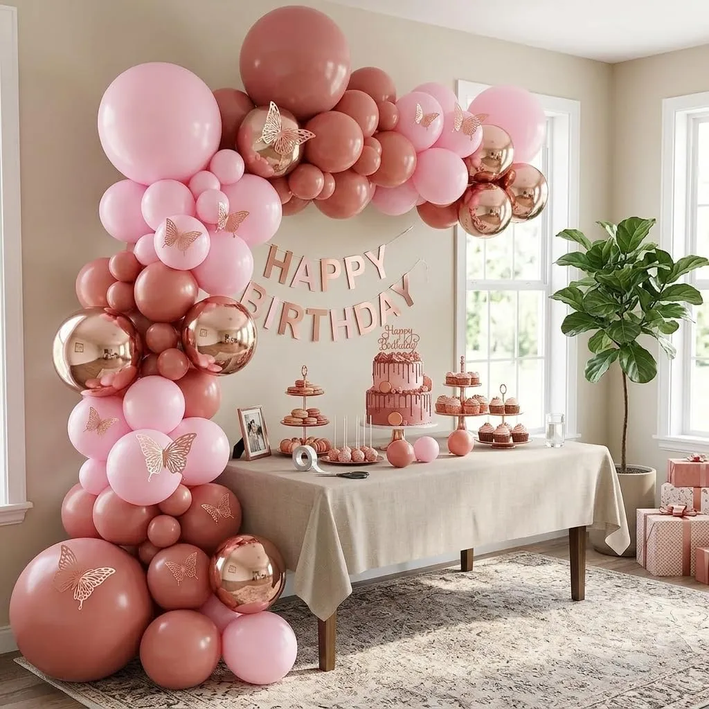 Netnology Kit Arco Palloncini Rosa Farfalla, 101 Pezzi Ghirlanda Oro Rosa con Adesivi a Farfalla e Accessori per Montaggio - immagine 7