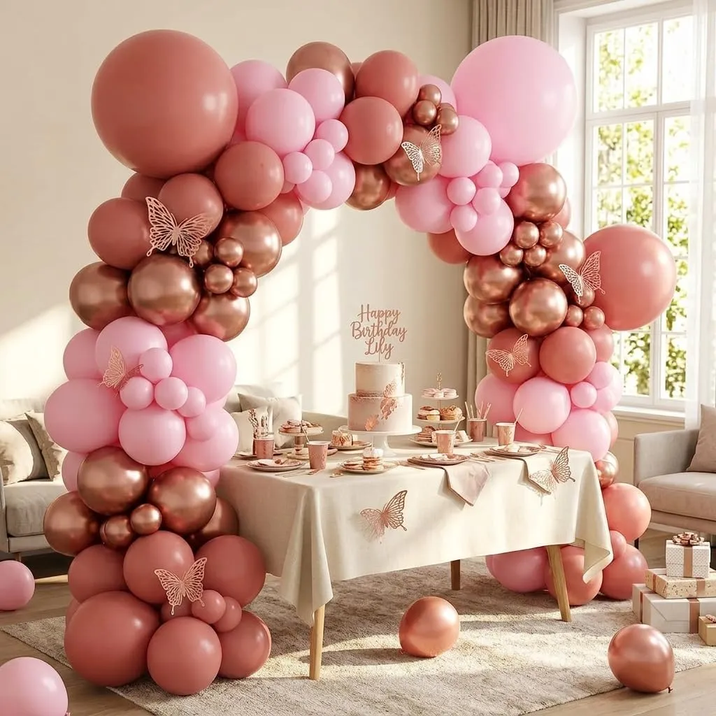 Netnology Kit Arco Palloncini Rosa Farfalla, 101 Pezzi Ghirlanda Oro Rosa con Adesivi a Farfalla e Accessori per Montaggio - immagine 8