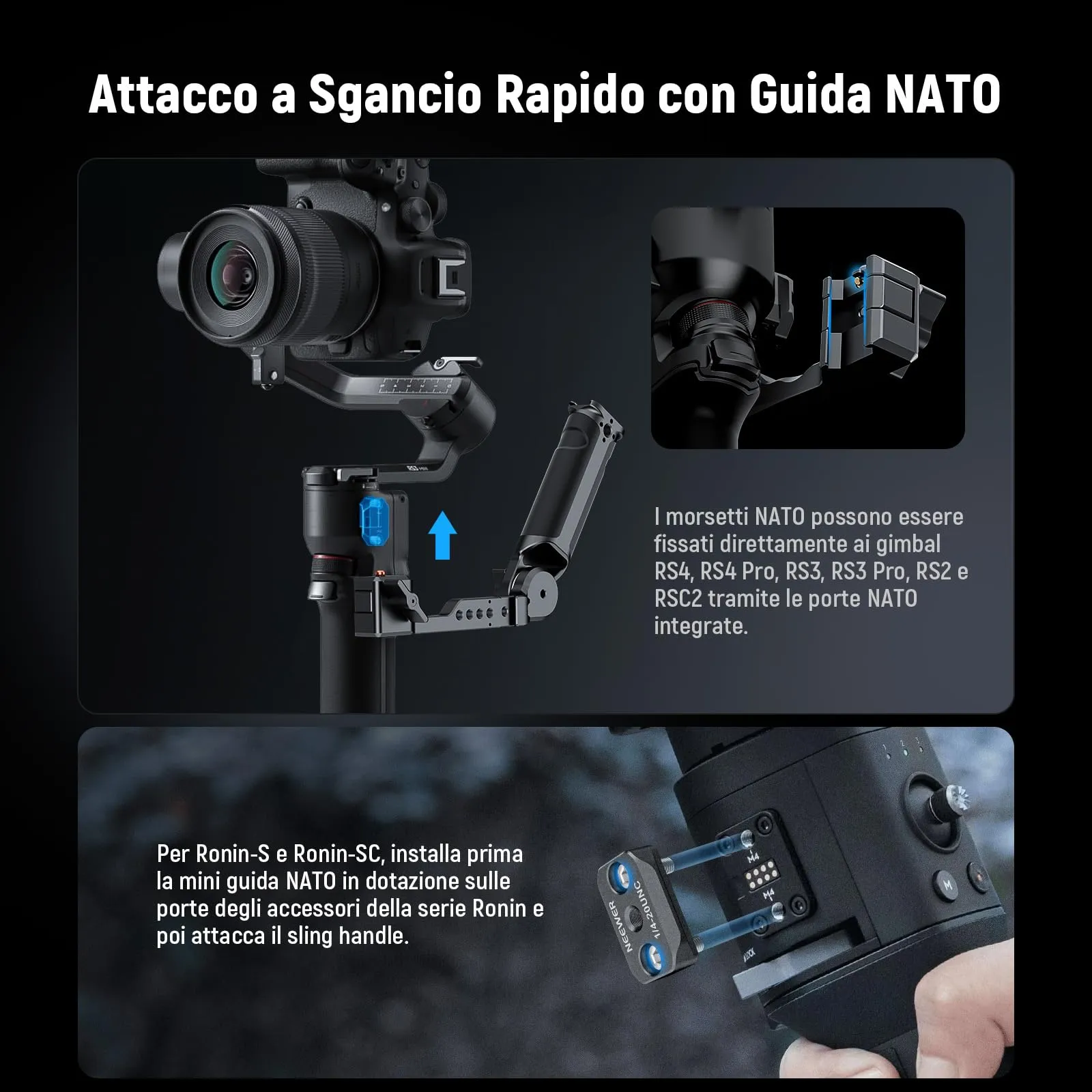 NEEWER Impugnatura Regolabile Tracolla per Gimbal con Guida NATO, Compatibile con DJI RS4, RS4 Pro, RS3, RS3 Pro, RS3 Mini, RS2, RSC2, Ronin-S e Ronin-SC, ST49 - immagine 3