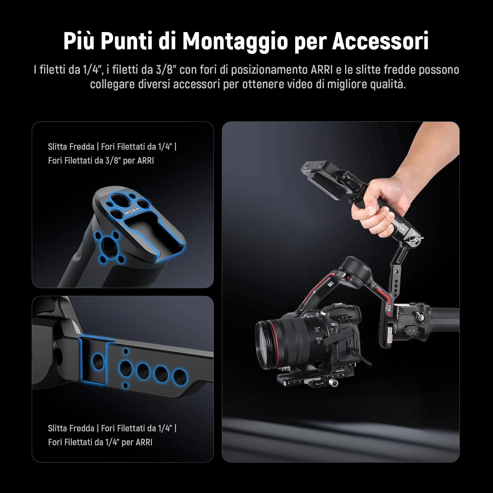 NEEWER Impugnatura Regolabile Tracolla per Gimbal con Guida NATO, Compatibile con DJI RS4, RS4 Pro, RS3, RS3 Pro, RS3 Mini, RS2, RSC2, Ronin-S e Ronin-SC, ST49 - immagine 4