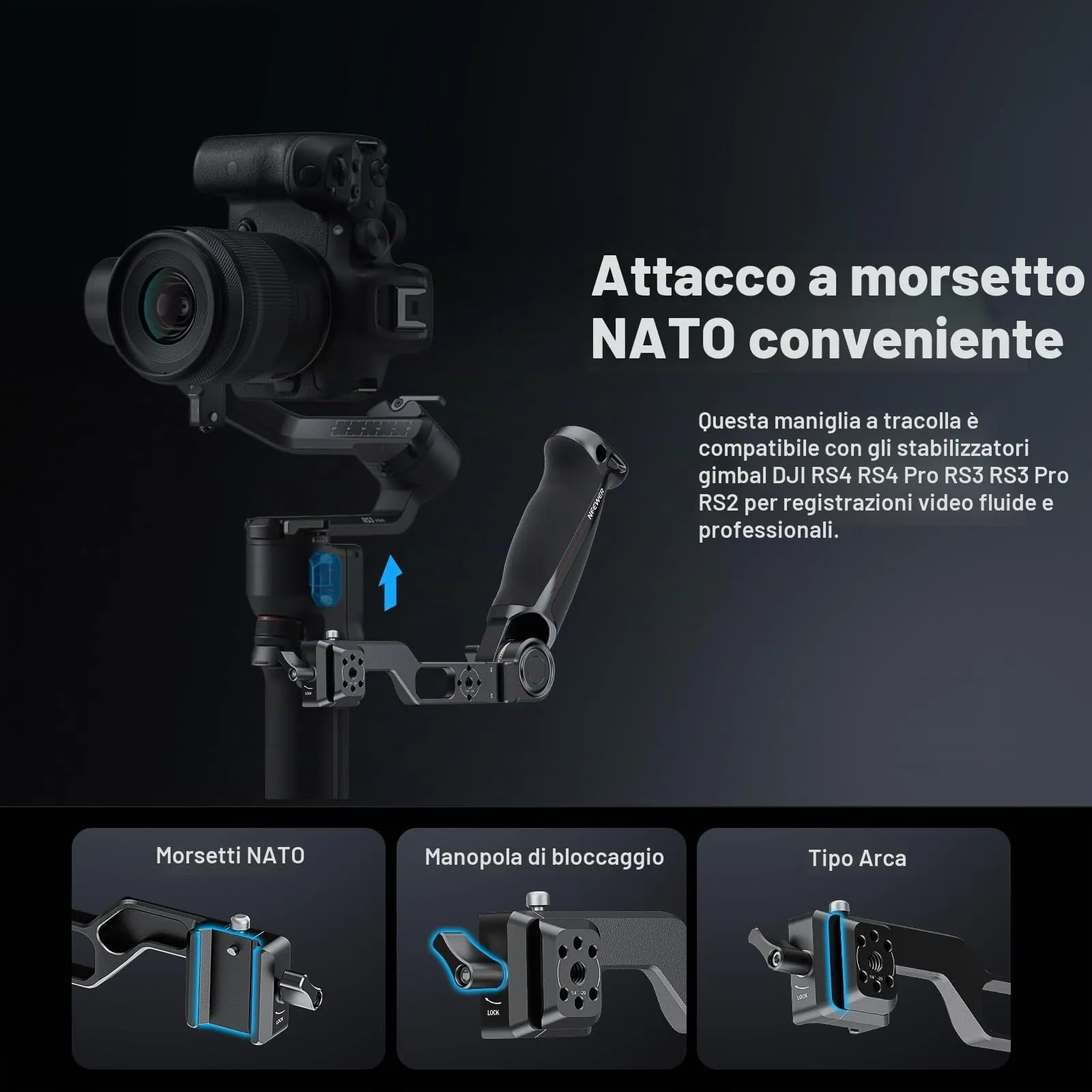 NEEWER Sling Handle Grip with NATO Clamp and QD Sockets for DJI RS4 RS4 Pro RS3 RS3 Pro RS2, GA020 - immagine 3