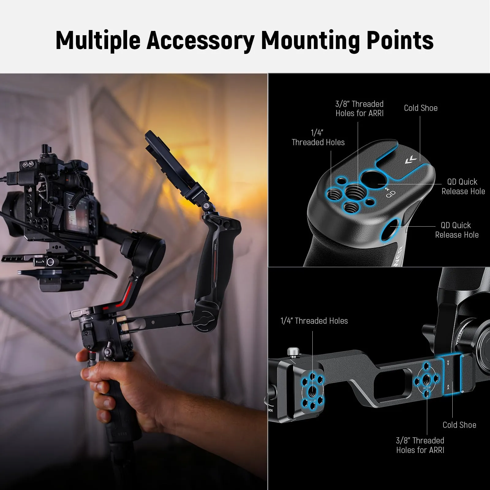 NEEWER Sling Handle Grip with NATO Clamp and QD Sockets for DJI RS4 RS4 Pro RS3 RS3 Pro RS2, GA020 - immagine 4