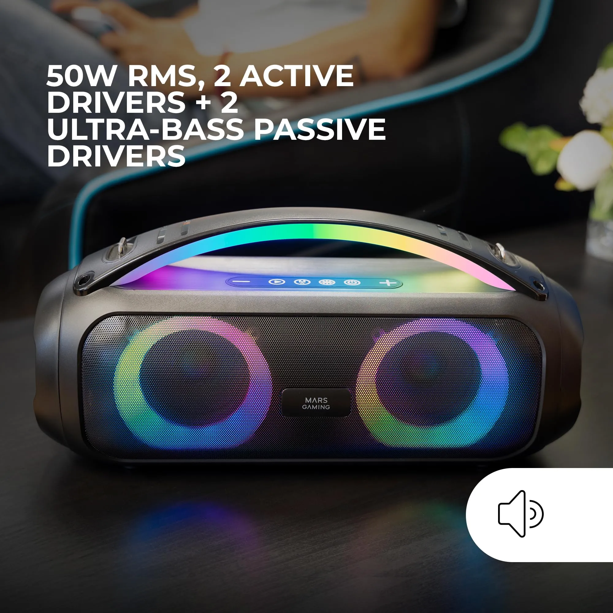 Mars Gaming MS-Pulse Altoparlante Bluetooth Portatile 50W RMS, Illuminazione RGB, USB/MicroSD/AUX/FM, Nero - immagine 2