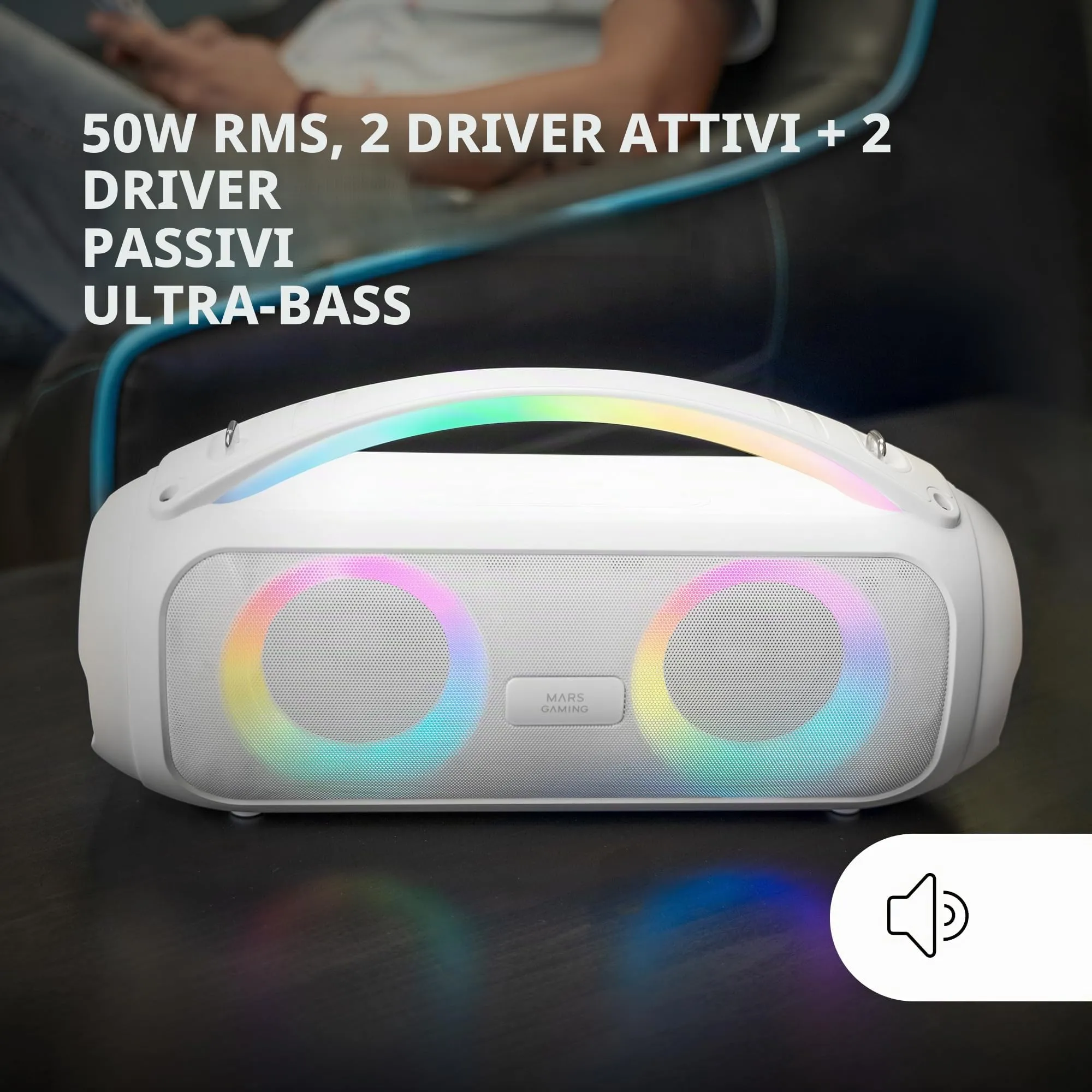 Mars Gaming MS-Pulse Altoparlante Bluetooth Portatile 50W RMS, RGB, Bianco - immagine 2