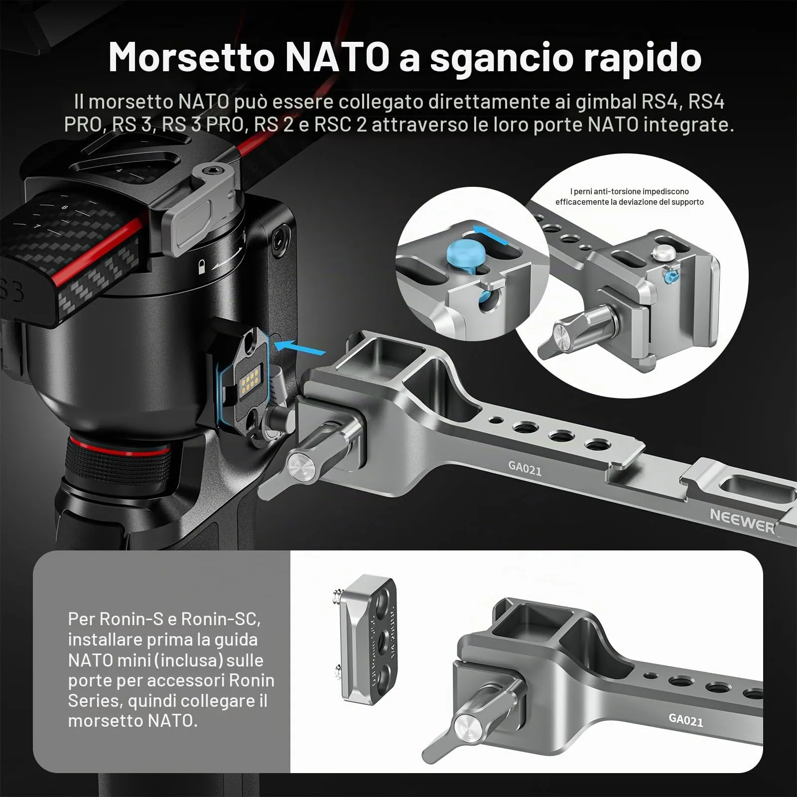 NEEWER Supporto per Monitor da Campo per RS Gimbal, Girevole a 360° con Morsetto NATO, Cold Shoe e Filettature da 1/4", Compatibile con DJI RS5 RS4 RS4PRO RS3 RS3PRO RS2 RSC2 Ronin-S Ronin-SC, GA021 - immagine 3