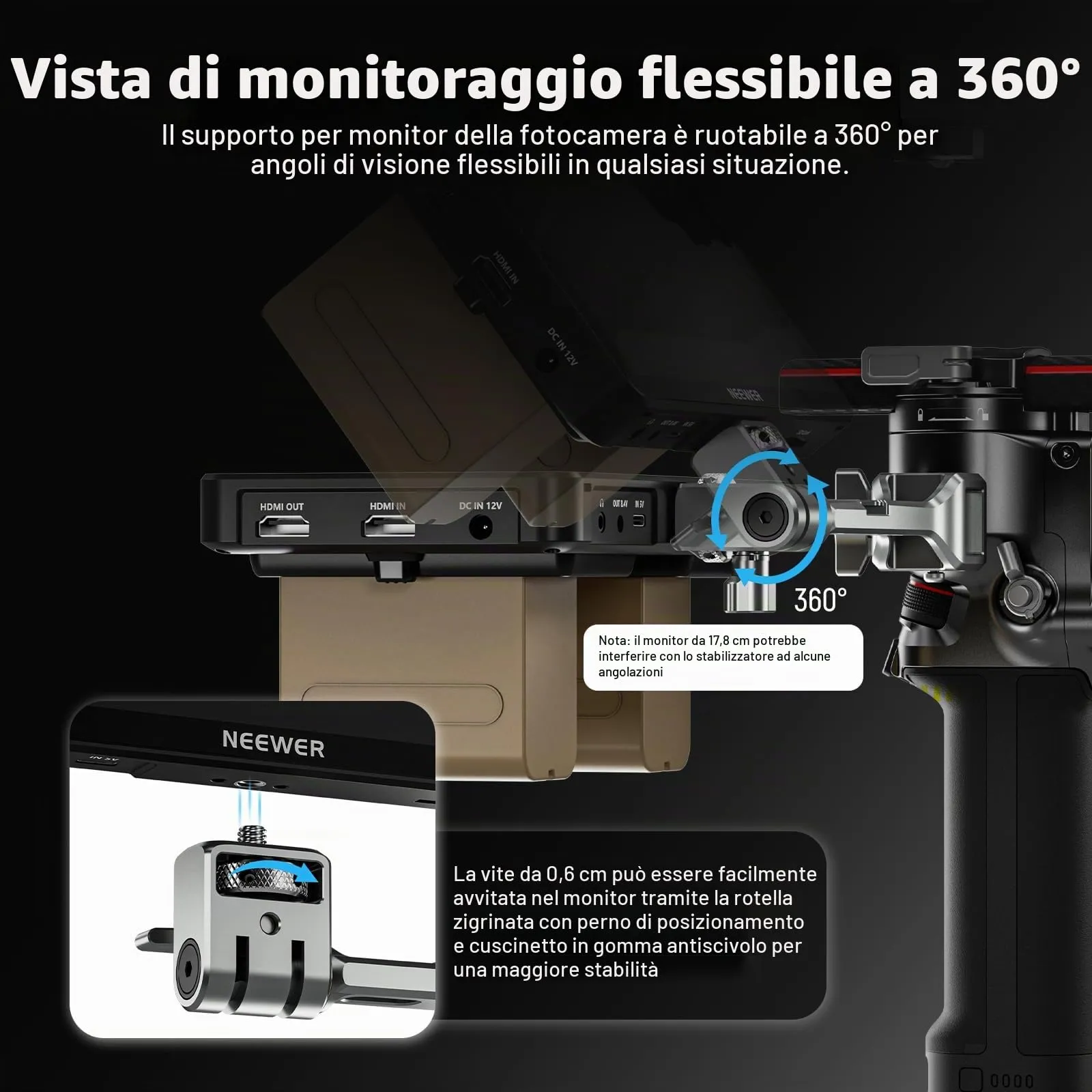 NEEWER Supporto per Monitor da Campo per RS Gimbal, Girevole a 360° con Morsetto NATO, Cold Shoe e Filettature da 1/4", Compatibile con DJI RS5 RS4 RS4PRO RS3 RS3PRO RS2 RSC2 Ronin-S Ronin-SC, GA021 - immagine 4