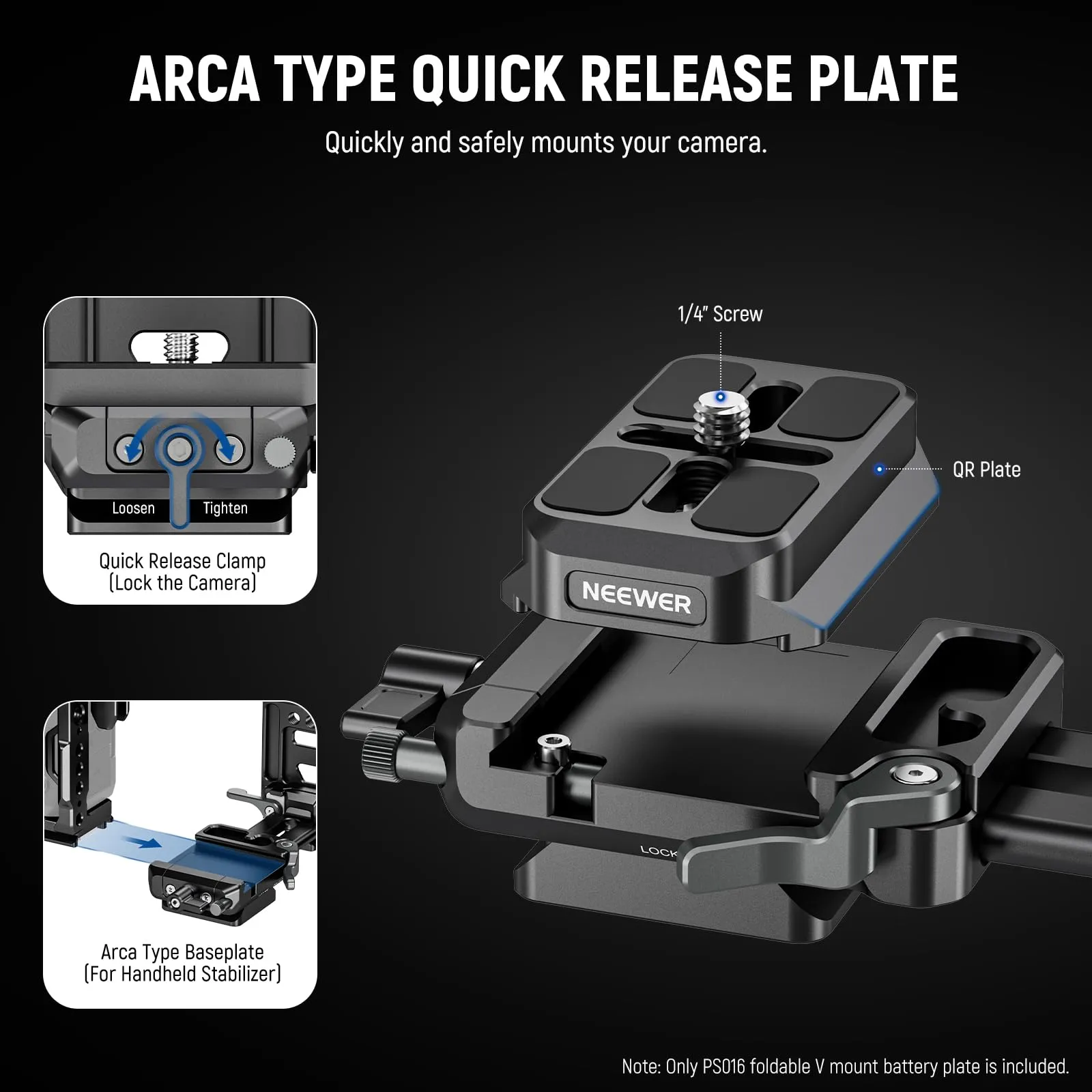 NEEWER Piastra per Batteria V Mount con Guide NATO e Base Tipo Arca per RS4 Pro RS3 Pro Gimbal, PS016 - immagine 2