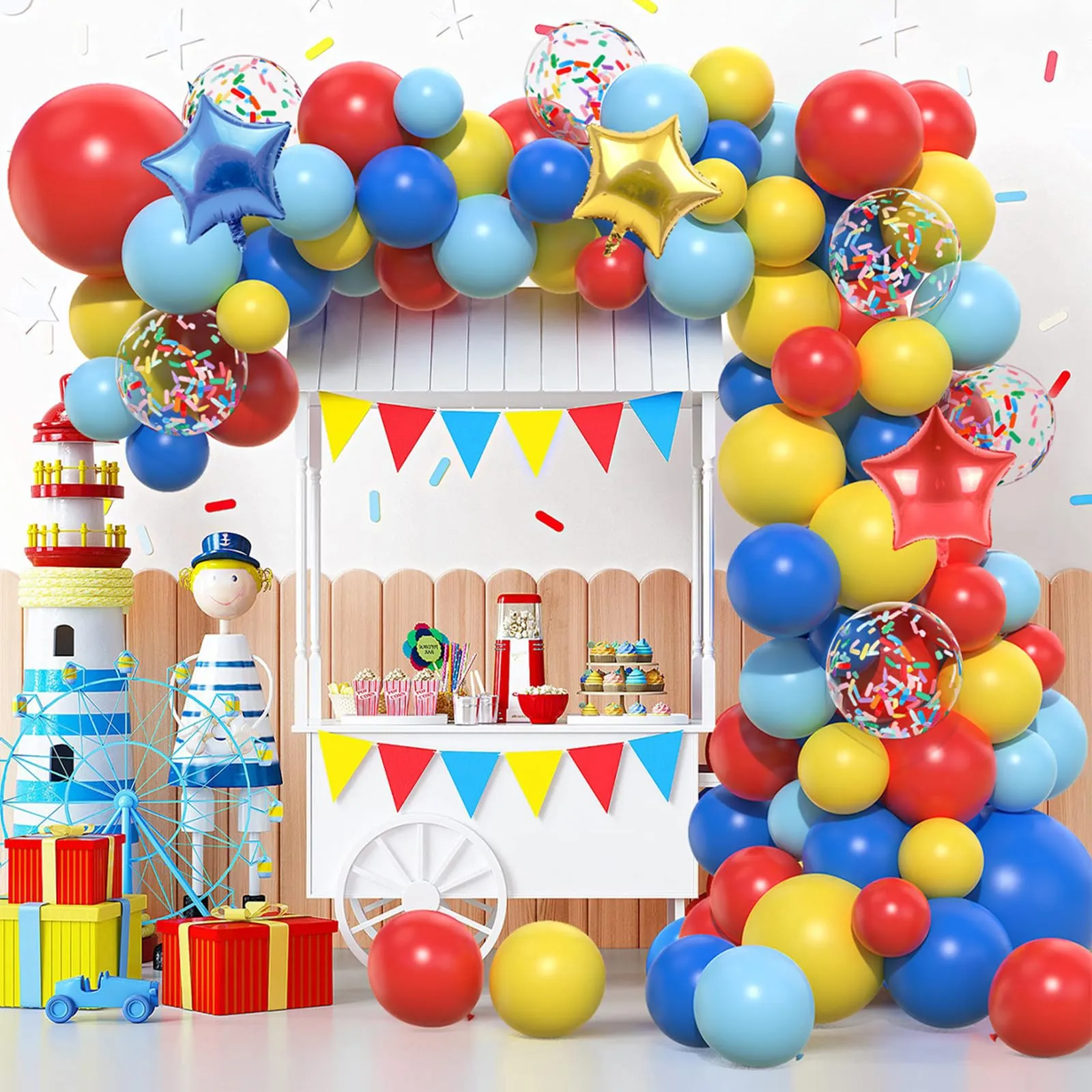 Netnology Kit Arco Palloncini Circo Carnevale, 106 Pezzi Rosso Blu Giallo con Palloncini Foil Stella e Coriandoli - immagine 1