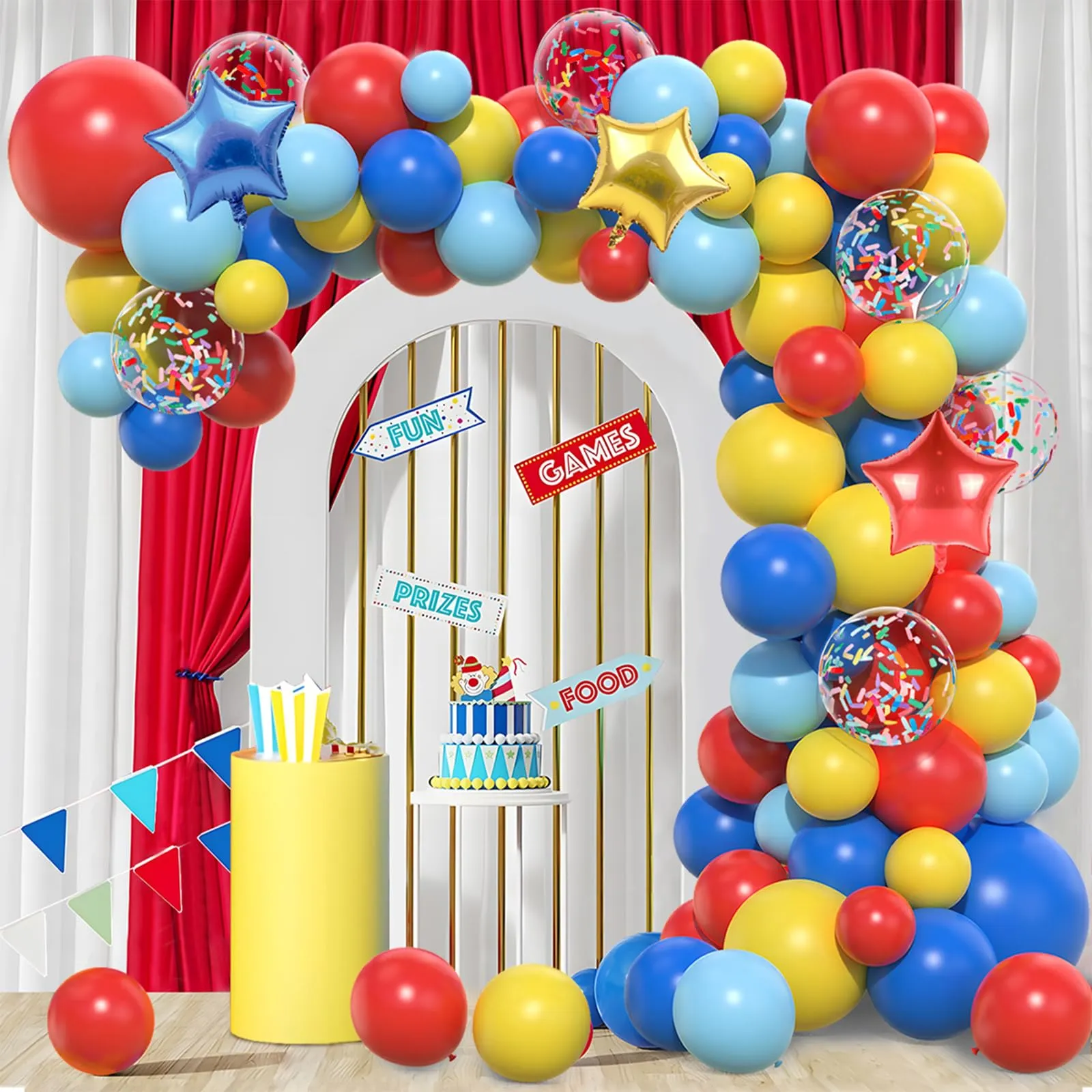 Netnology Kit Arco Palloncini Circo Carnevale, 106 Pezzi Rosso Blu Giallo con Palloncini Foil Stella e Coriandoli - immagine 2