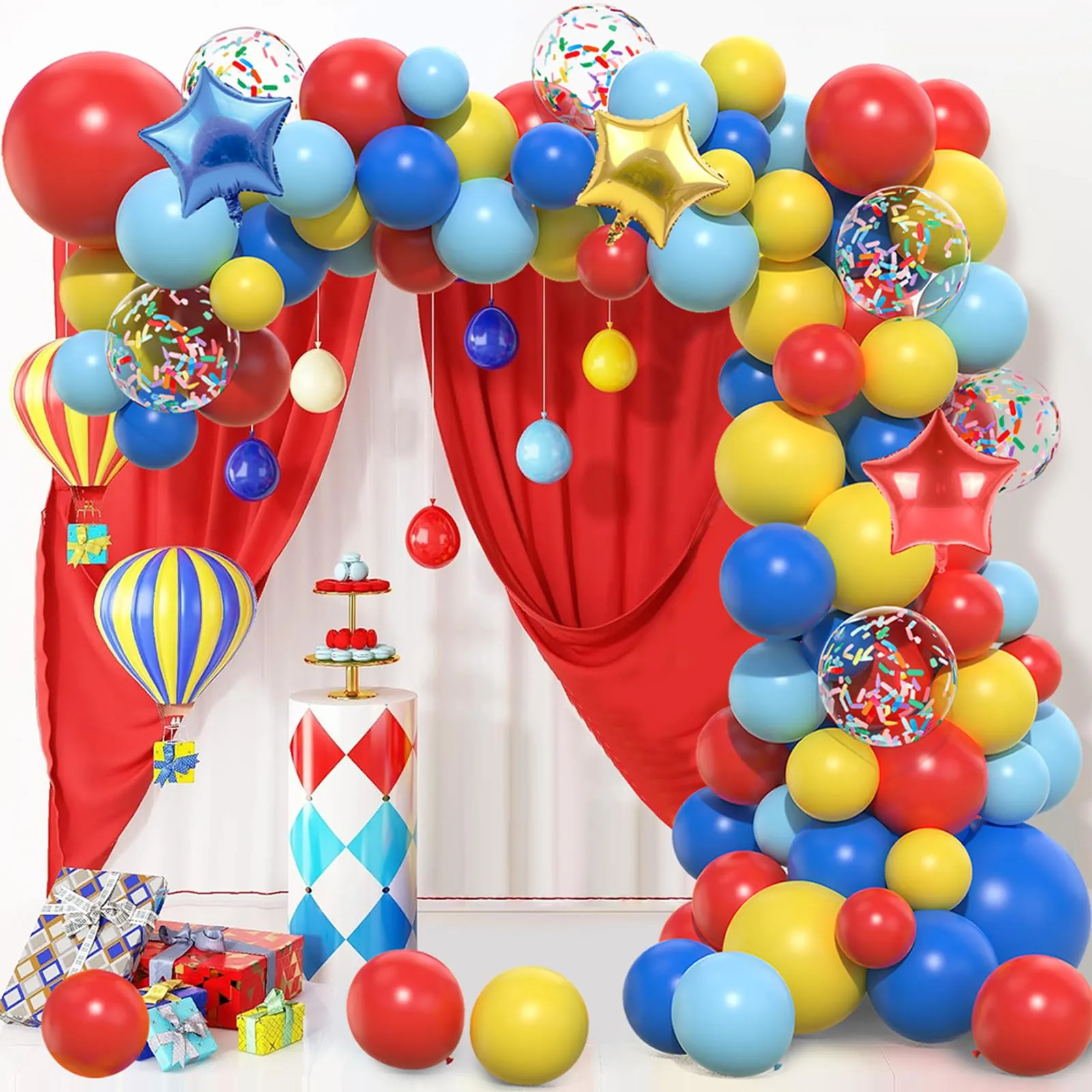 Netnology Kit Arco Palloncini Circo Carnevale, 106 Pezzi Rosso Blu Giallo con Palloncini Foil Stella e Coriandoli - immagine 3
