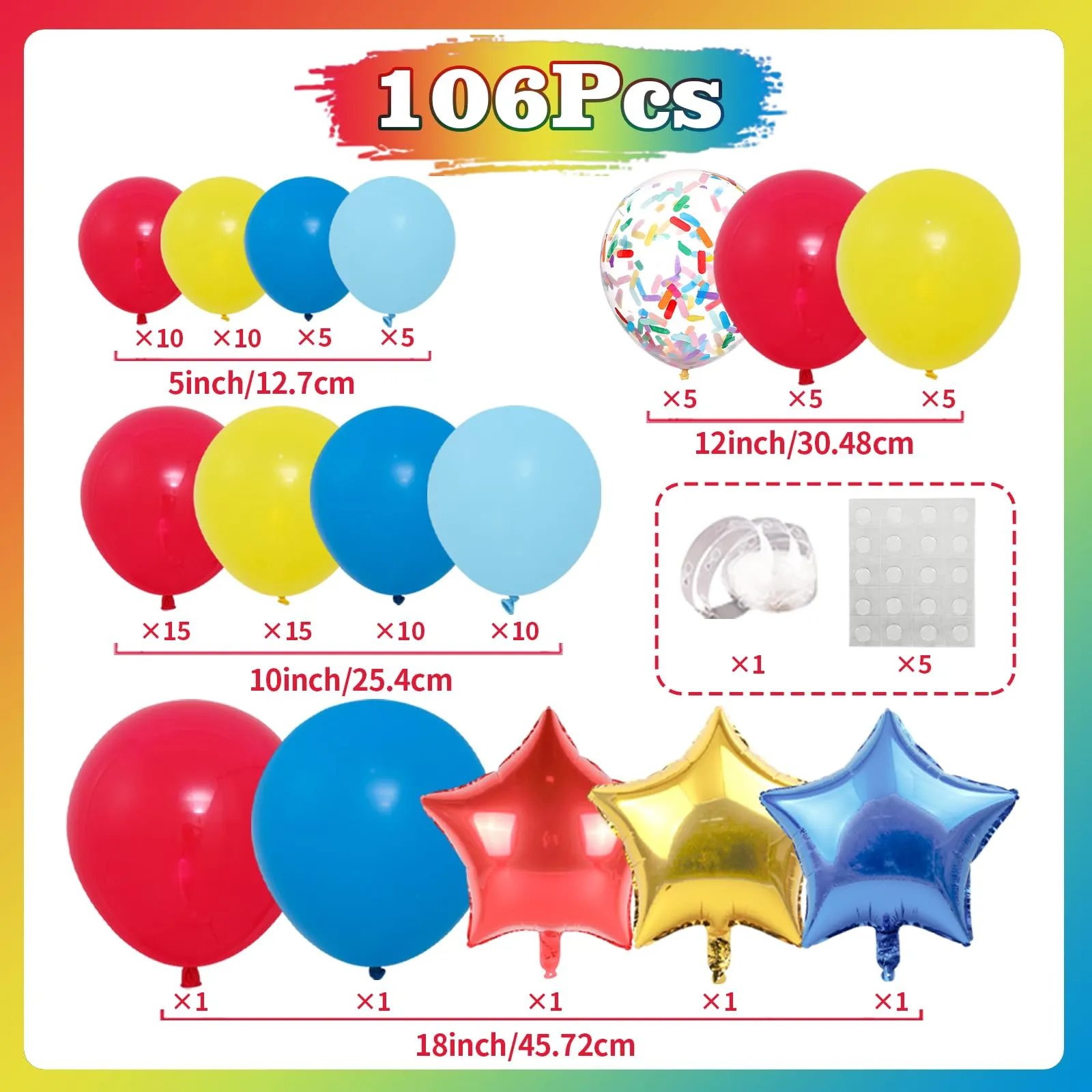 Netnology Kit Arco Palloncini Circo Carnevale, 106 Pezzi Rosso Blu Giallo con Palloncini Foil Stella e Coriandoli - immagine 4