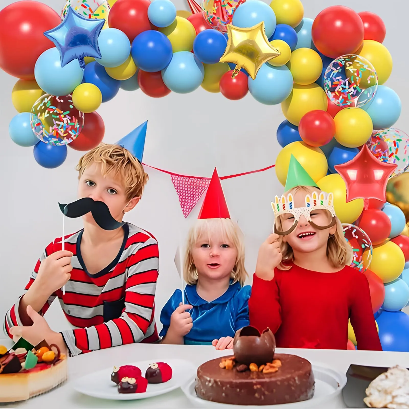 Netnology Kit Arco Palloncini Circo Carnevale, 106 Pezzi Rosso Blu Giallo con Palloncini Foil Stella e Coriandoli - immagine 5