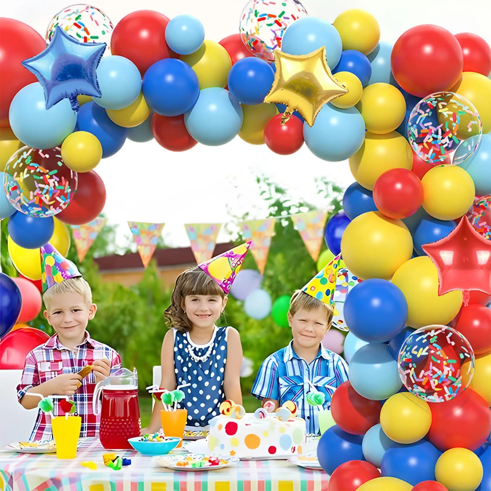 Netnology Kit Arco Palloncini Circo Carnevale, 106 Pezzi Rosso Blu Giallo con Palloncini Foil Stella e Coriandoli - immagine 6