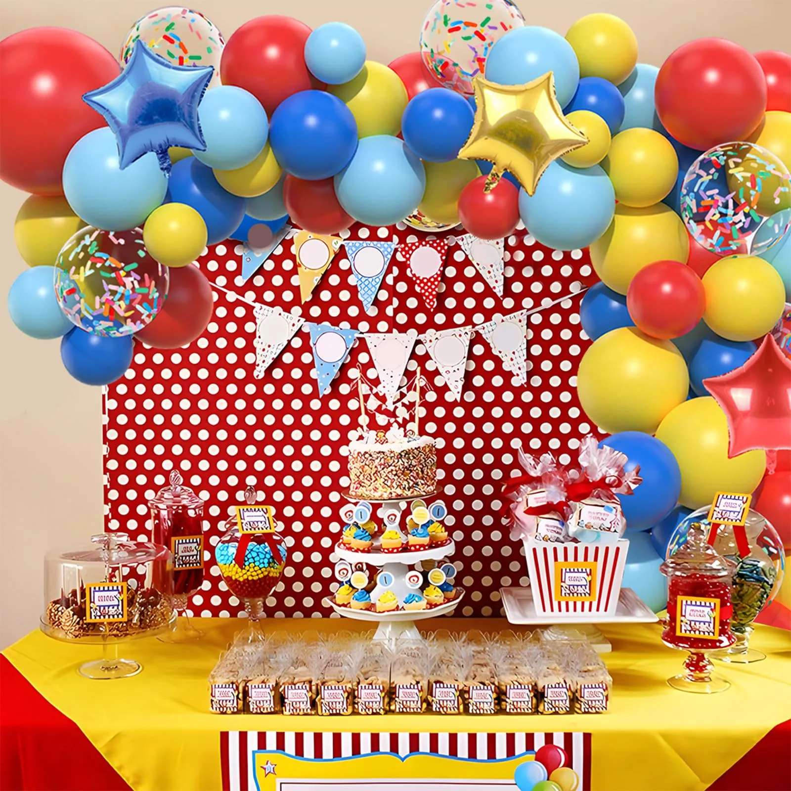 Netnology Kit Arco Palloncini Circo Carnevale, 106 Pezzi Rosso Blu Giallo con Palloncini Foil Stella e Coriandoli - immagine 7
