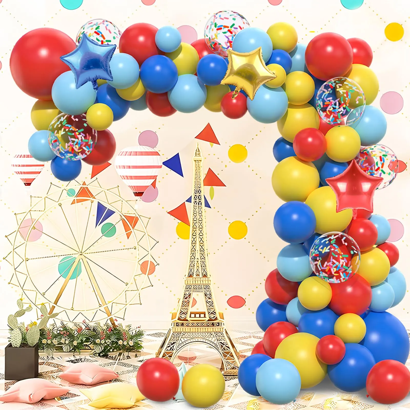 Netnology Kit Arco Palloncini Circo Carnevale, 106 Pezzi Rosso Blu Giallo con Palloncini Foil Stella e Coriandoli - immagine 8