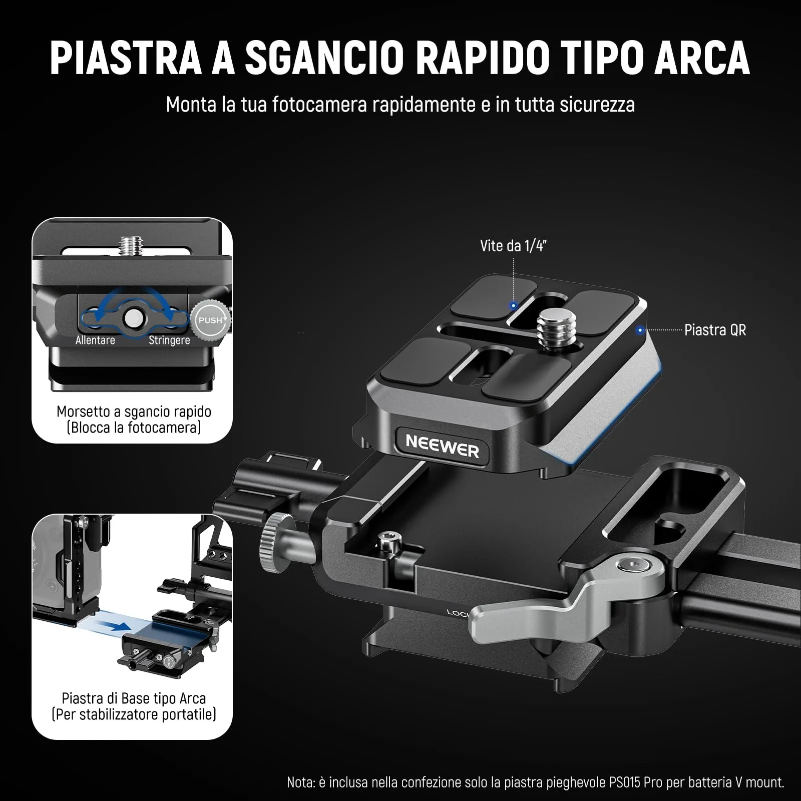 NEEWER Piastra Batteria V Mount Pieghevole con Base Tipo Arca, PS015 PRO - immagine 3