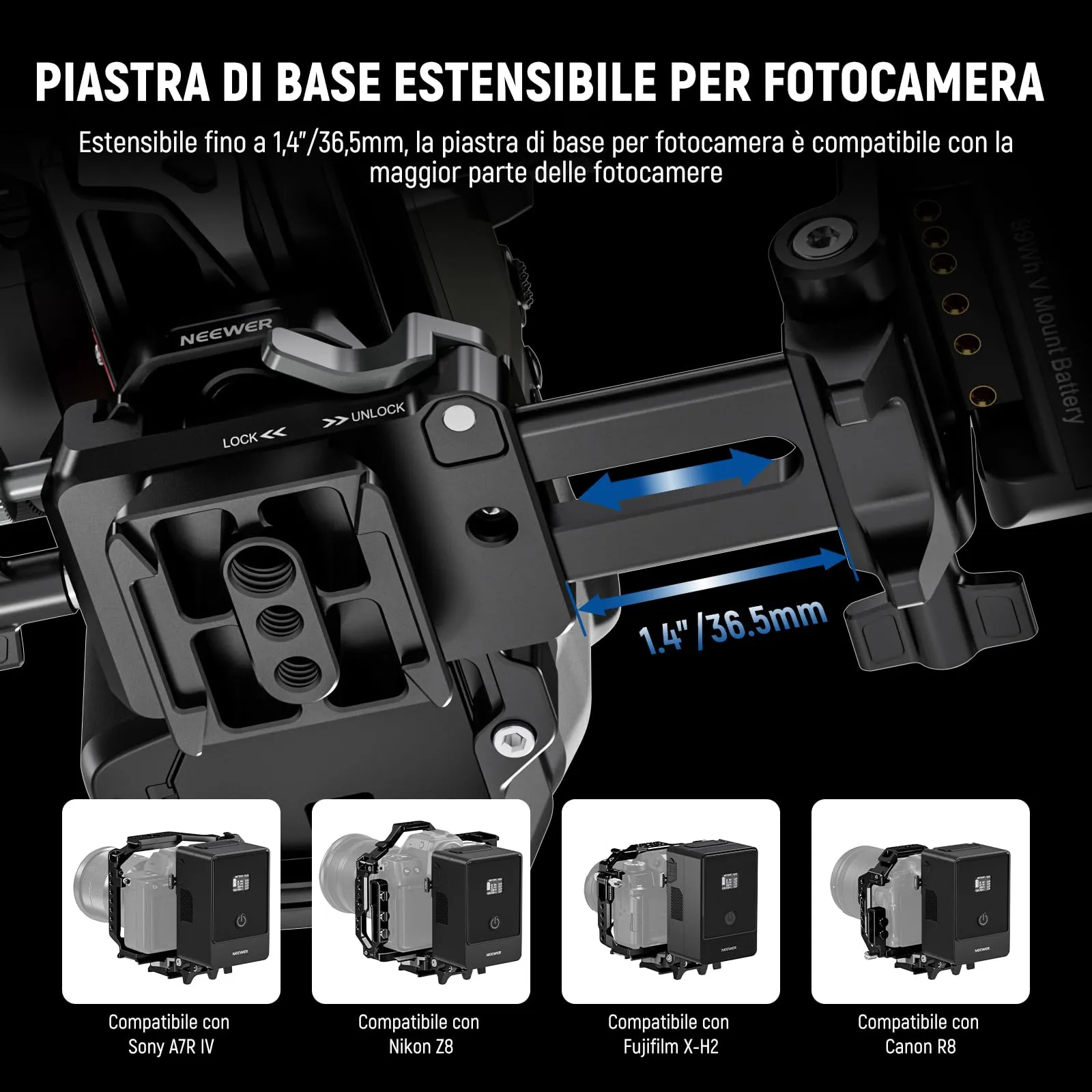 NEEWER Piastra Batteria V Mount Pieghevole con Base Tipo Arca, PS015 PRO - immagine 6