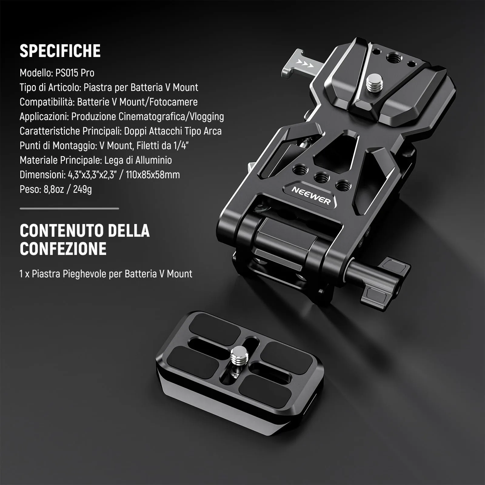 NEEWER Piastra Batteria V Mount Pieghevole con Base Tipo Arca, PS015 PRO - immagine 9