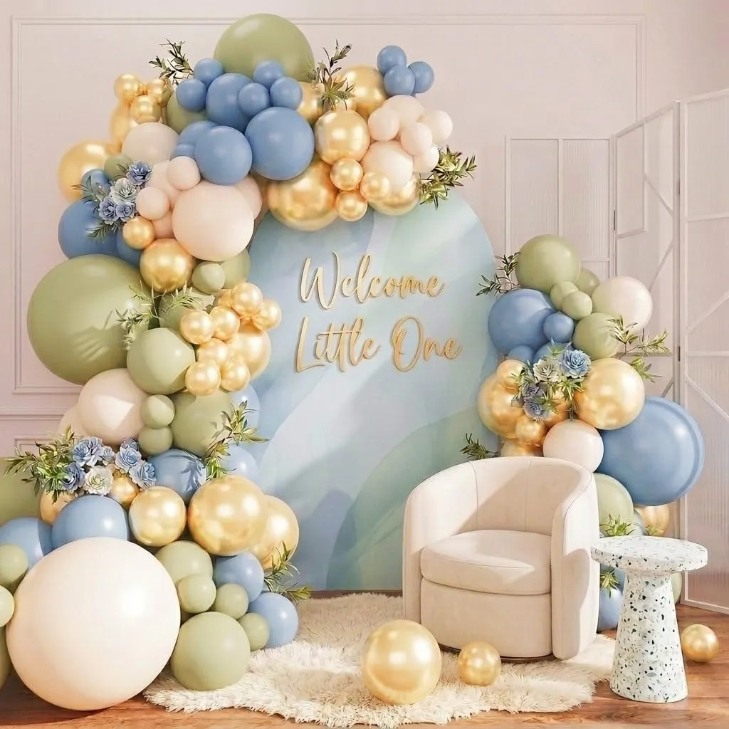 Netnology Kit Arco Ghirlanda di Palloncini Verde Salvia, Blu Polvere, Bianco Sabbia e Oro, 119 Pezzi - immagine 1