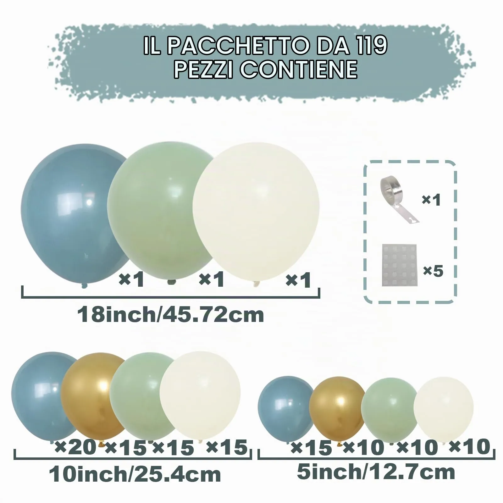 Netnology Kit Arco Ghirlanda di Palloncini Verde Salvia, Blu Polvere, Bianco Sabbia e Oro, 119 Pezzi - immagine 2