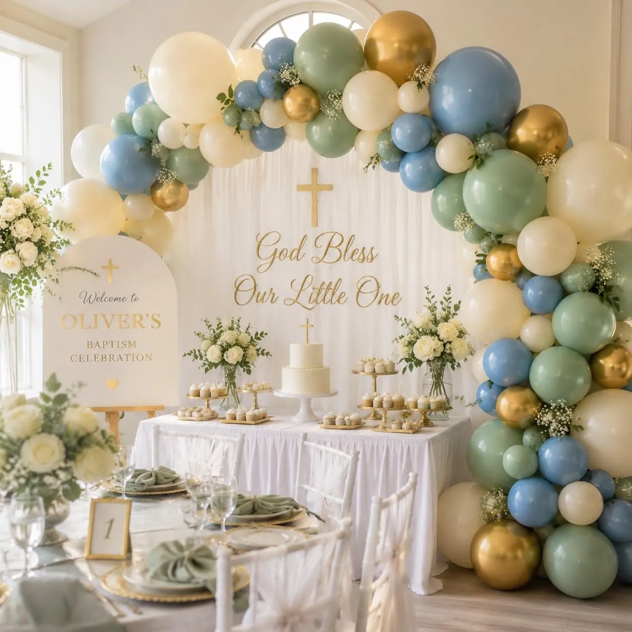 Netnology Kit Arco Ghirlanda di Palloncini Verde Salvia, Blu Polvere, Bianco Sabbia e Oro, 119 Pezzi - immagine 3