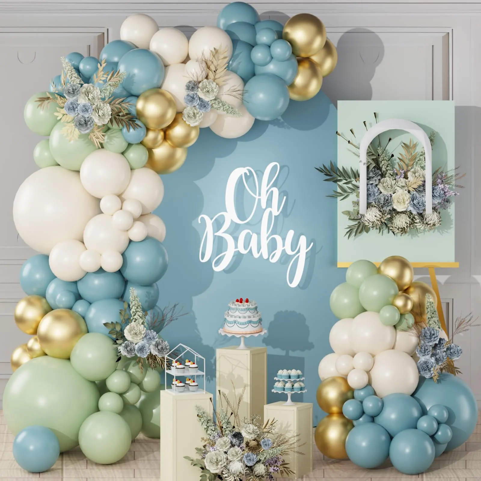 Netnology Kit Arco Ghirlanda di Palloncini Verde Salvia, Blu Polvere, Bianco Sabbia e Oro, 119 Pezzi - immagine 4