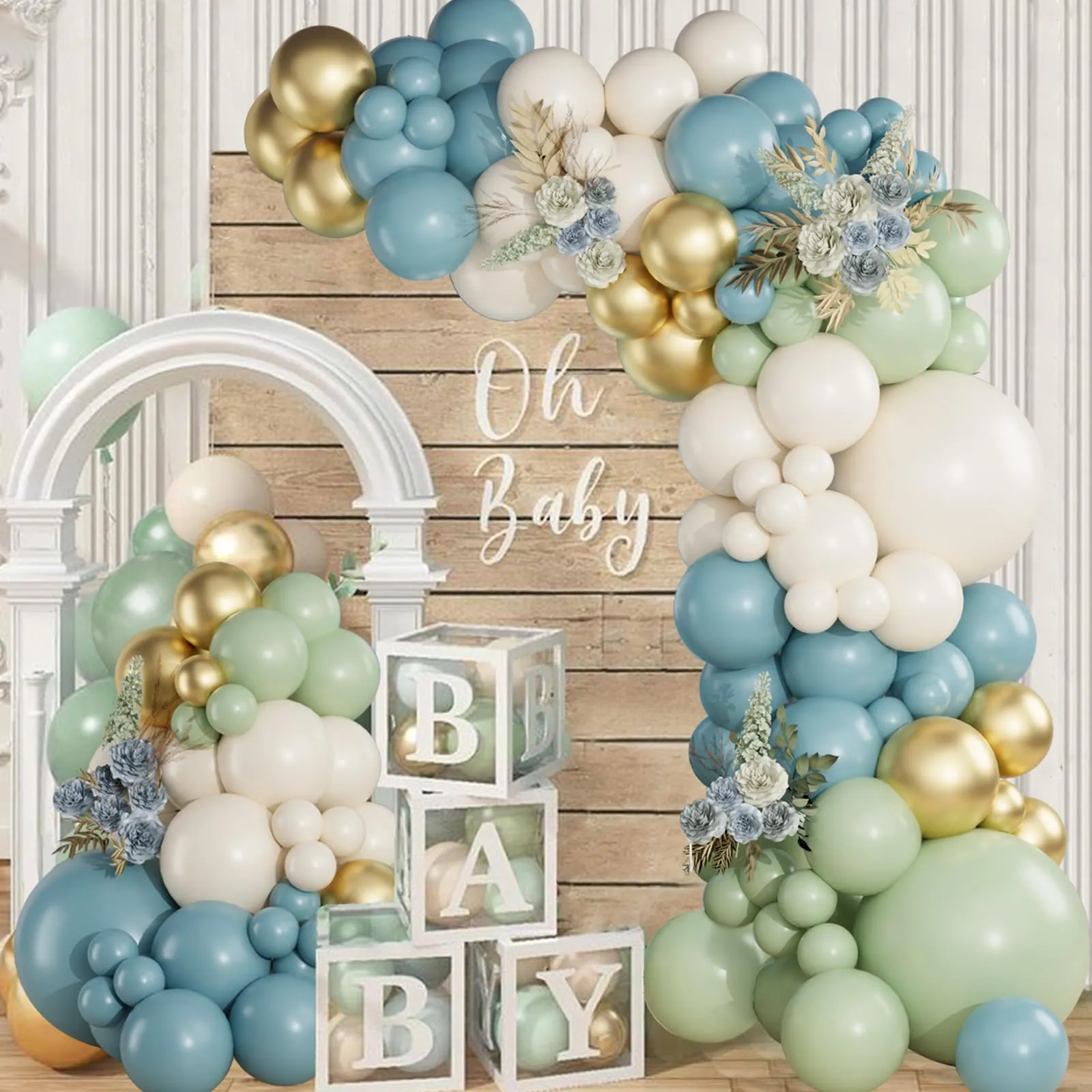 Netnology Kit Arco Ghirlanda di Palloncini Verde Salvia, Blu Polvere, Bianco Sabbia e Oro, 119 Pezzi - immagine 6