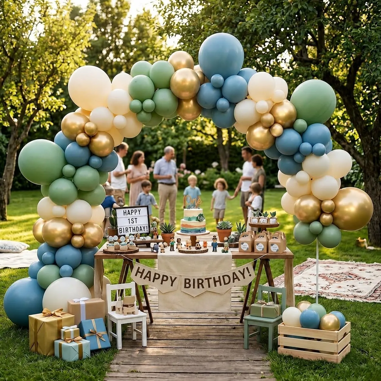 Netnology Kit Arco Ghirlanda di Palloncini Verde Salvia, Blu Polvere, Bianco Sabbia e Oro, 119 Pezzi - immagine 7