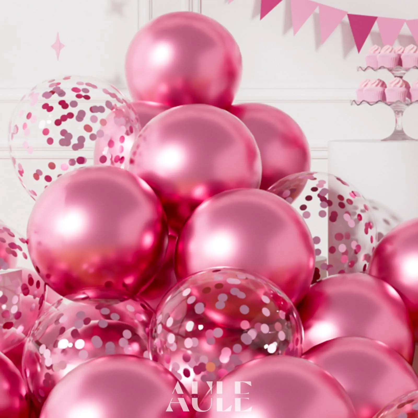 AULE Palloncini Rosa Metallizzati e con Coriandoli, 42 Pezzi, 30cm - immagine 4