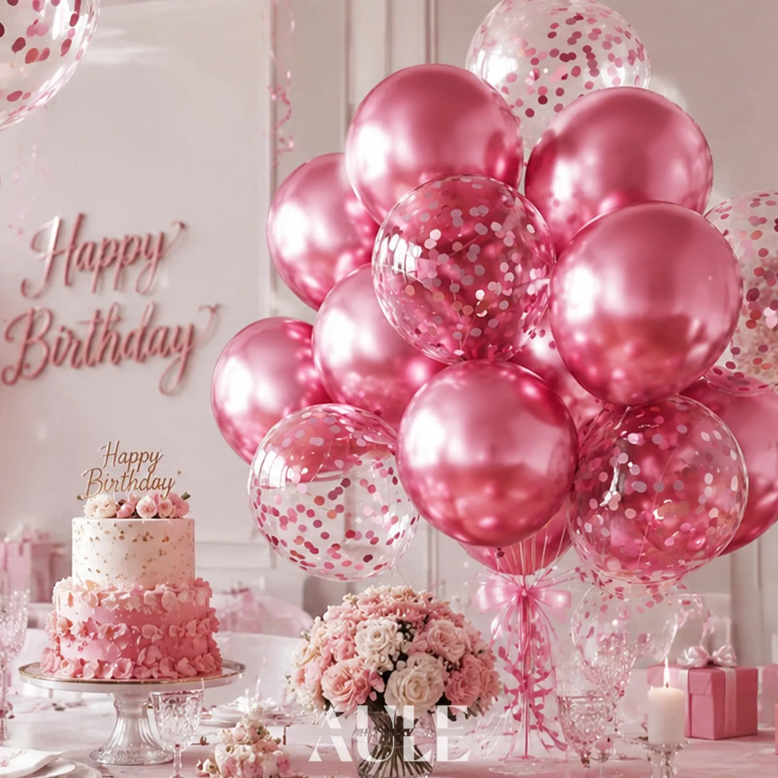 AULE Palloncini Rosa Metallizzati e con Coriandoli, 42 Pezzi, 30cm - immagine 5