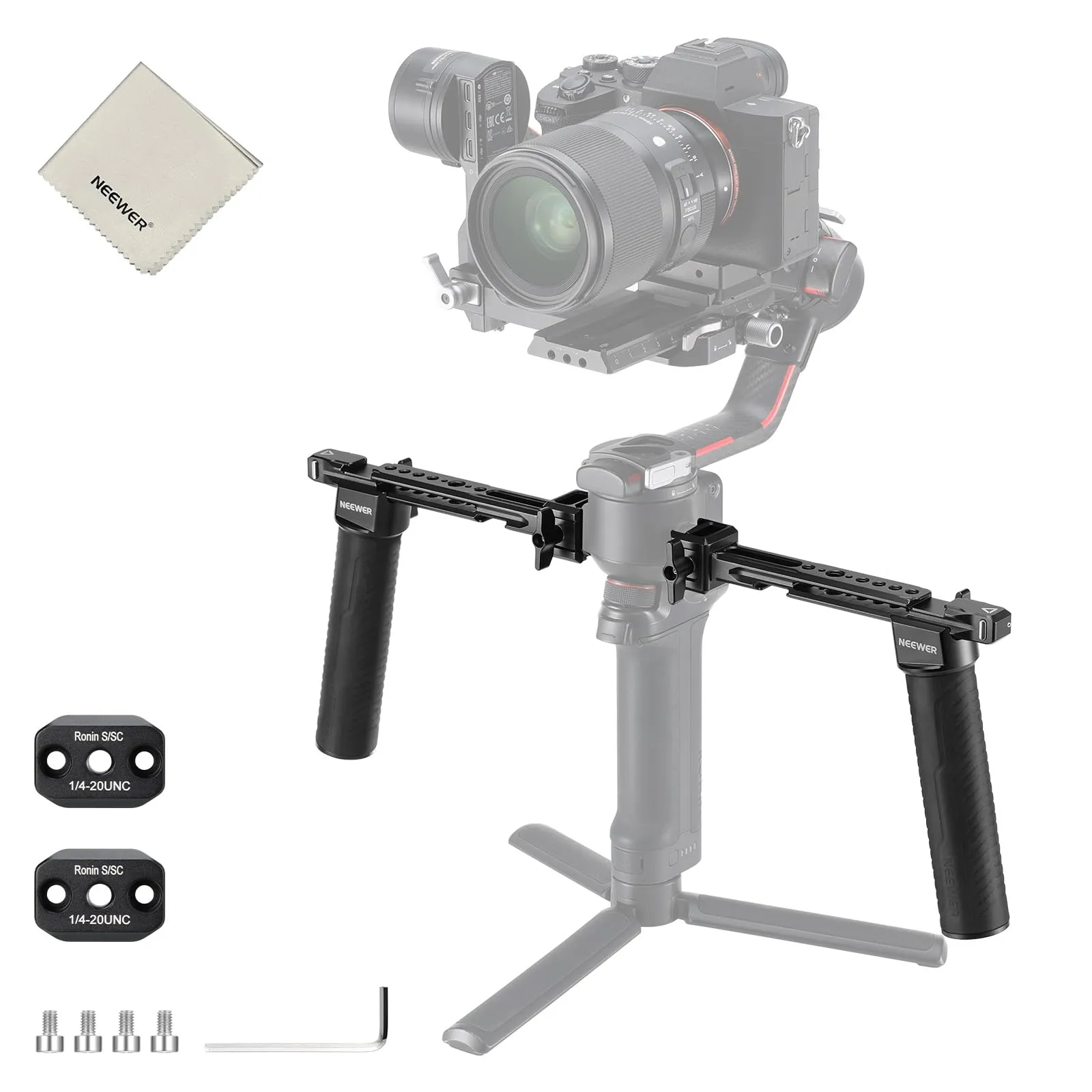 NEEWER GA006 Doppia Maniglia per DJI RS4 RS4 Pro RS3 RS3 Pro RS2 RSC2 Ronin S SC Gimbal, Kit con 2 Mini Guide NATO, Morsetti NATO e Filettature 1/4" e 3/8" - immagine 1