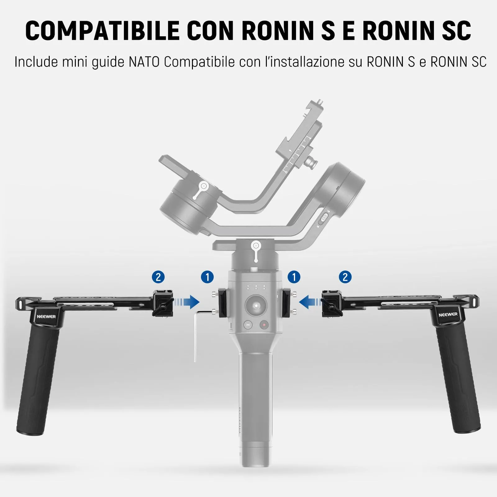 NEEWER GA006 Doppia Maniglia per DJI RS4 RS4 Pro RS3 RS3 Pro RS2 RSC2 Ronin S SC Gimbal, Kit con 2 Mini Guide NATO, Morsetti NATO e Filettature 1/4" e 3/8" - immagine 2