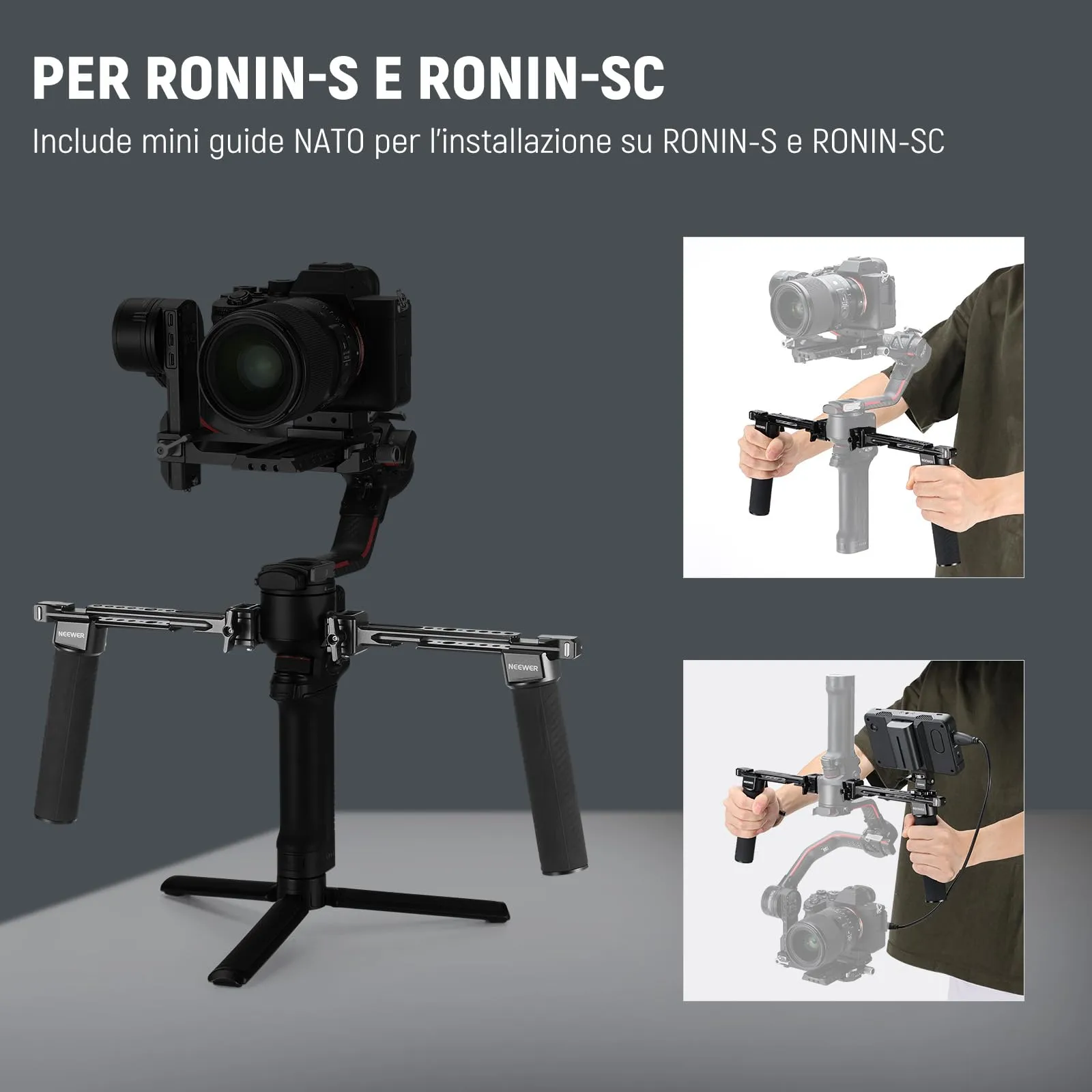 NEEWER GA006 Doppia Maniglia per DJI RS4 RS4 Pro RS3 RS3 Pro RS2 RSC2 Ronin S SC Gimbal, Kit con 2 Mini Guide NATO, Morsetti NATO e Filettature 1/4" e 3/8" - immagine 3