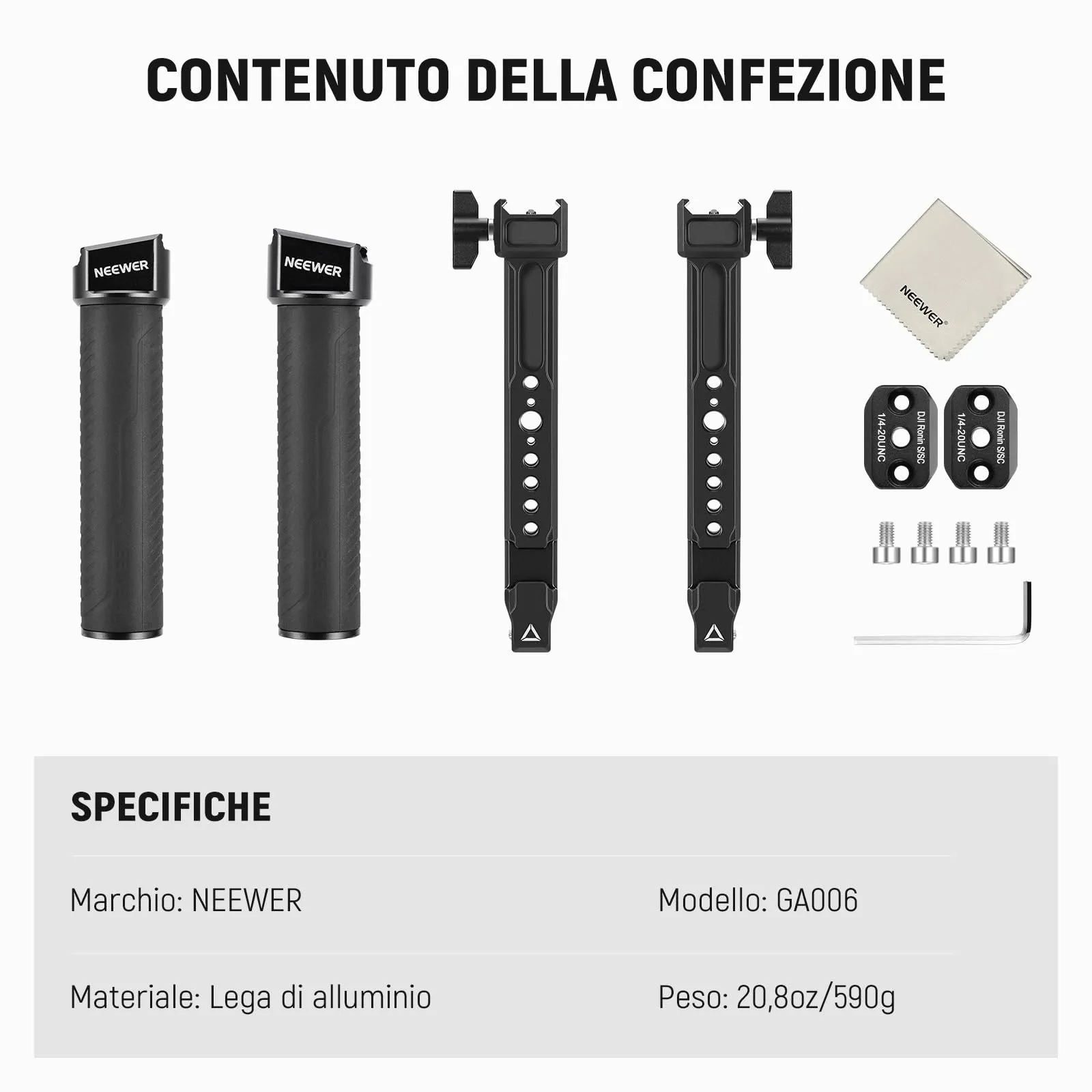 NEEWER GA006 Doppia Maniglia per DJI RS4 RS4 Pro RS3 RS3 Pro RS2 RSC2 Ronin S SC Gimbal, Kit con 2 Mini Guide NATO, Morsetti NATO e Filettature 1/4" e 3/8" - immagine 7