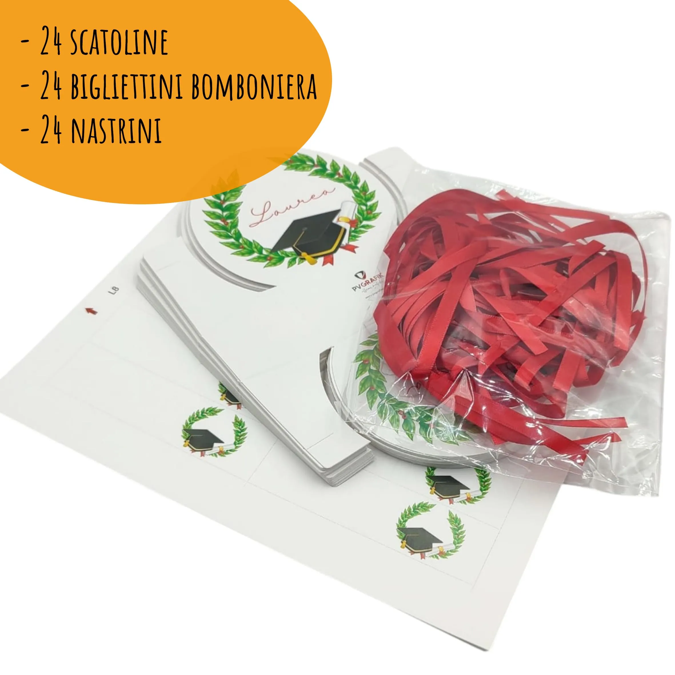 PV Grafik Bomboniere Laurea Prime 24+24 Scatoline Portaconfetti con Bigliettini e Nastrini Rossi, Design Corona Alloro (L8L) - immagine 2