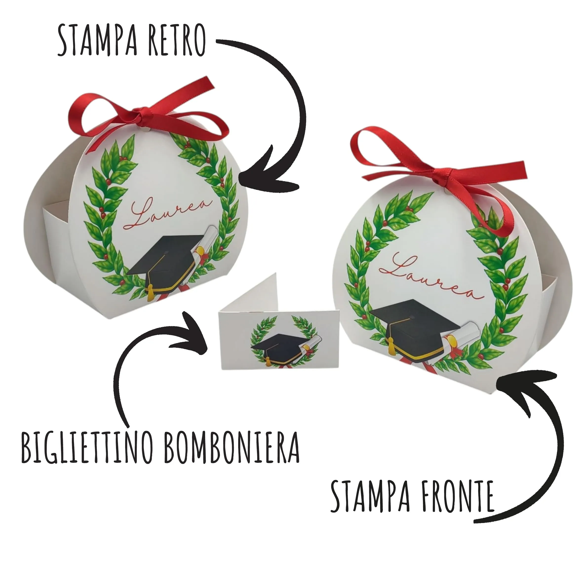 PV Grafik Bomboniere Laurea Prime 24+24 Scatoline Portaconfetti con Bigliettini e Nastrini Rossi, Design Corona Alloro (L8L) - immagine 3