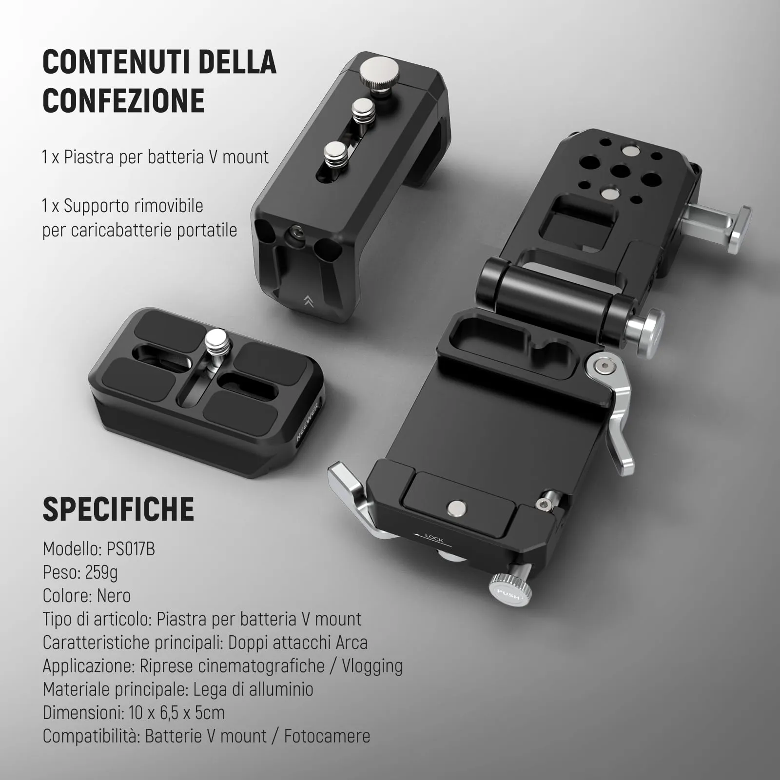 NEEWER Piastra Batteria V Mount Modulare con Piastre QR Tipo Arca e Supporto Powerbank per PS099E, Compatibile con DJI RS4 RS3, PS017B - immagine 7