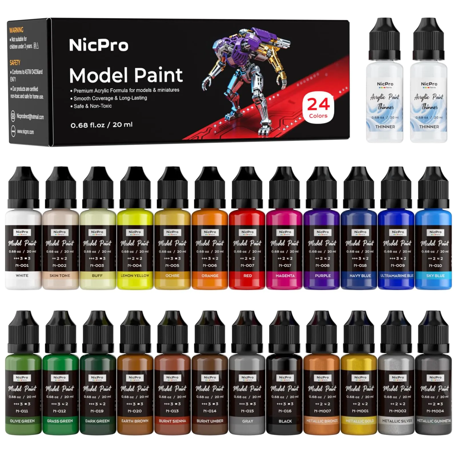 Nicpro Set di Colori Acrilici per Modellismo, 24 Colori x 20 ml con 2 Diluenti - immagine 1