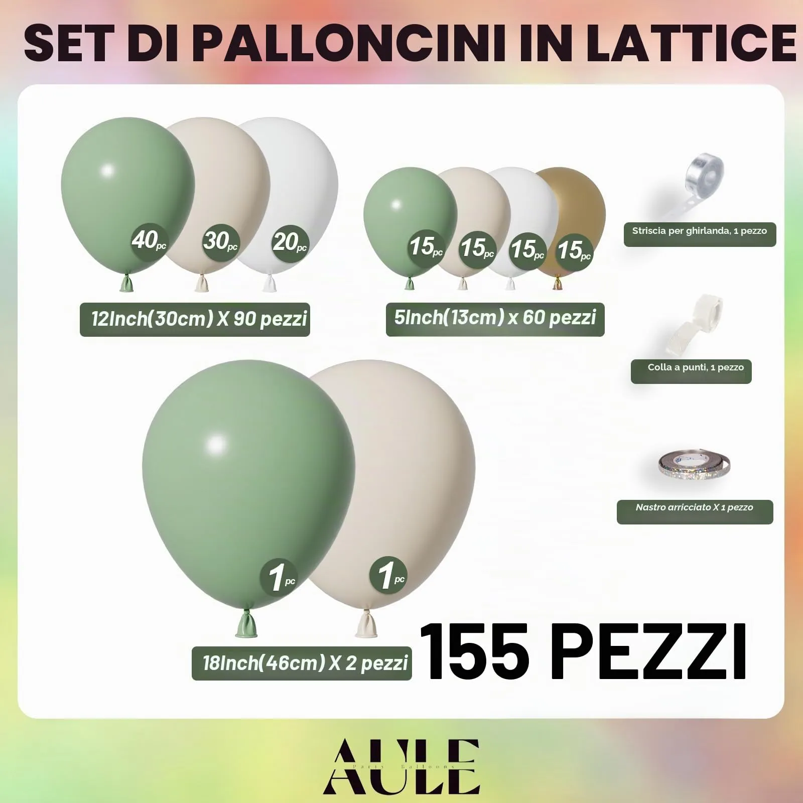 AULE Kit Arco Palloncini Verde Salvia e Verde Oliva, 155 Pezzi - immagine 2