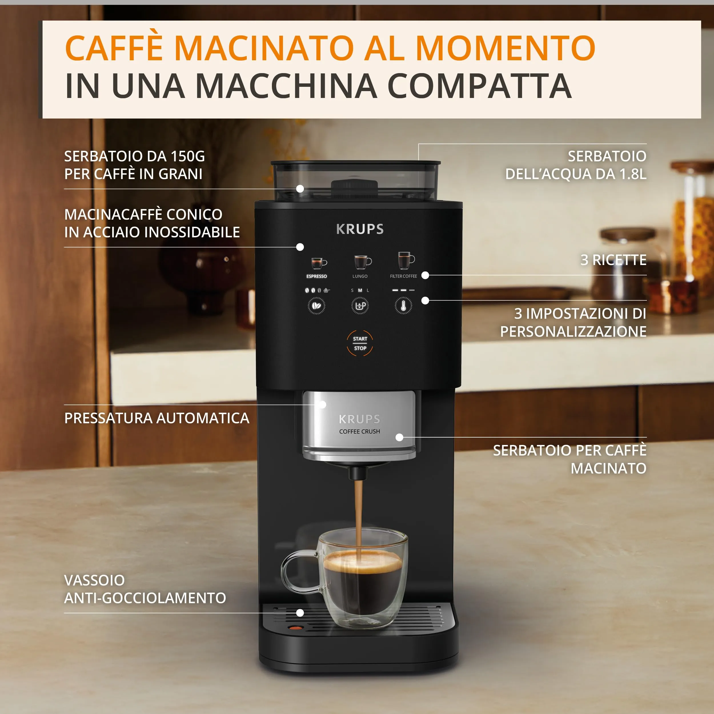 Krups Coffee Crush Extra Macchina da Caffè Automatica, Nero, SA4028 - immagine 3