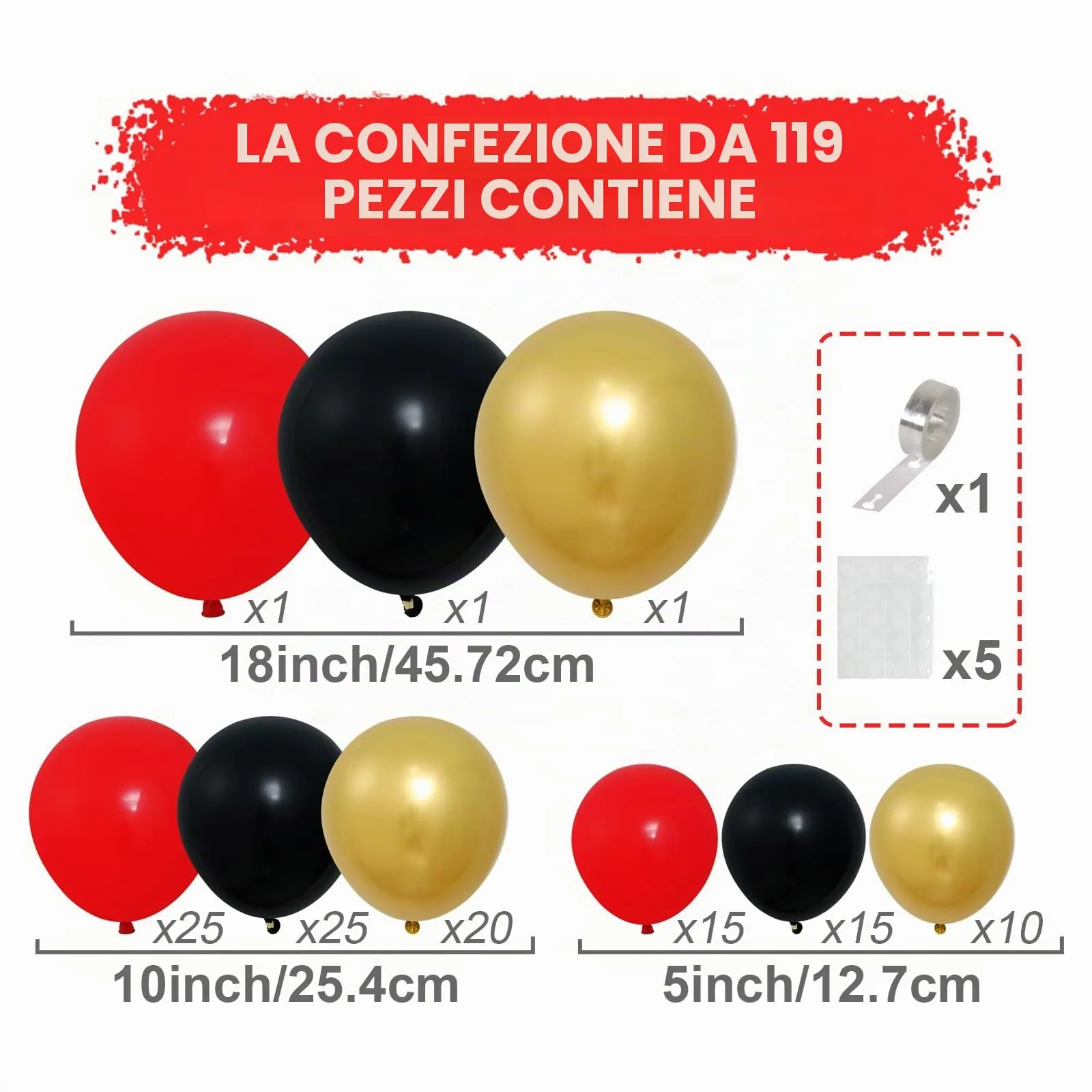 Netnology Ghirlanda di Palloncini Rossi, Oro e Nero, 113 Pezzi - immagine 2