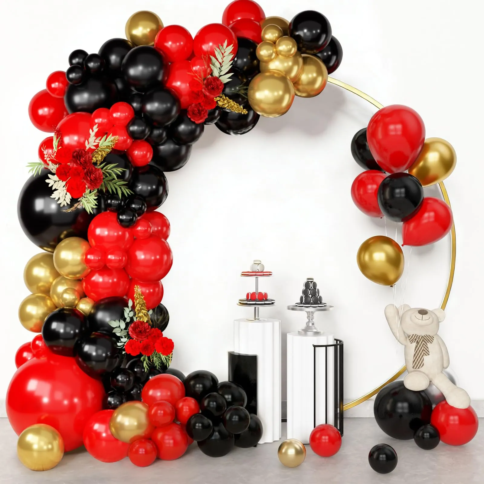 Netnology Ghirlanda di Palloncini Rossi, Oro e Nero, 113 Pezzi - immagine 3