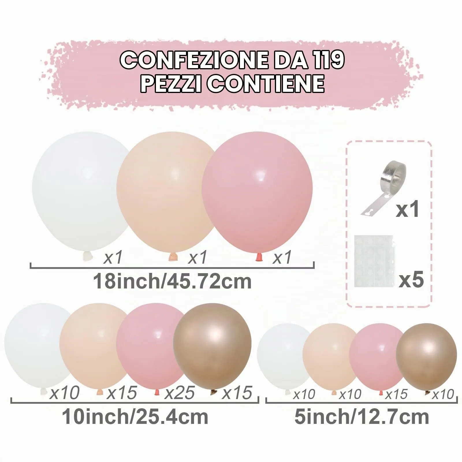Netnology Kit Arco per Palloncini Oro Rosa, Bianchi e Nudo - 113 Pezzi - immagine 2