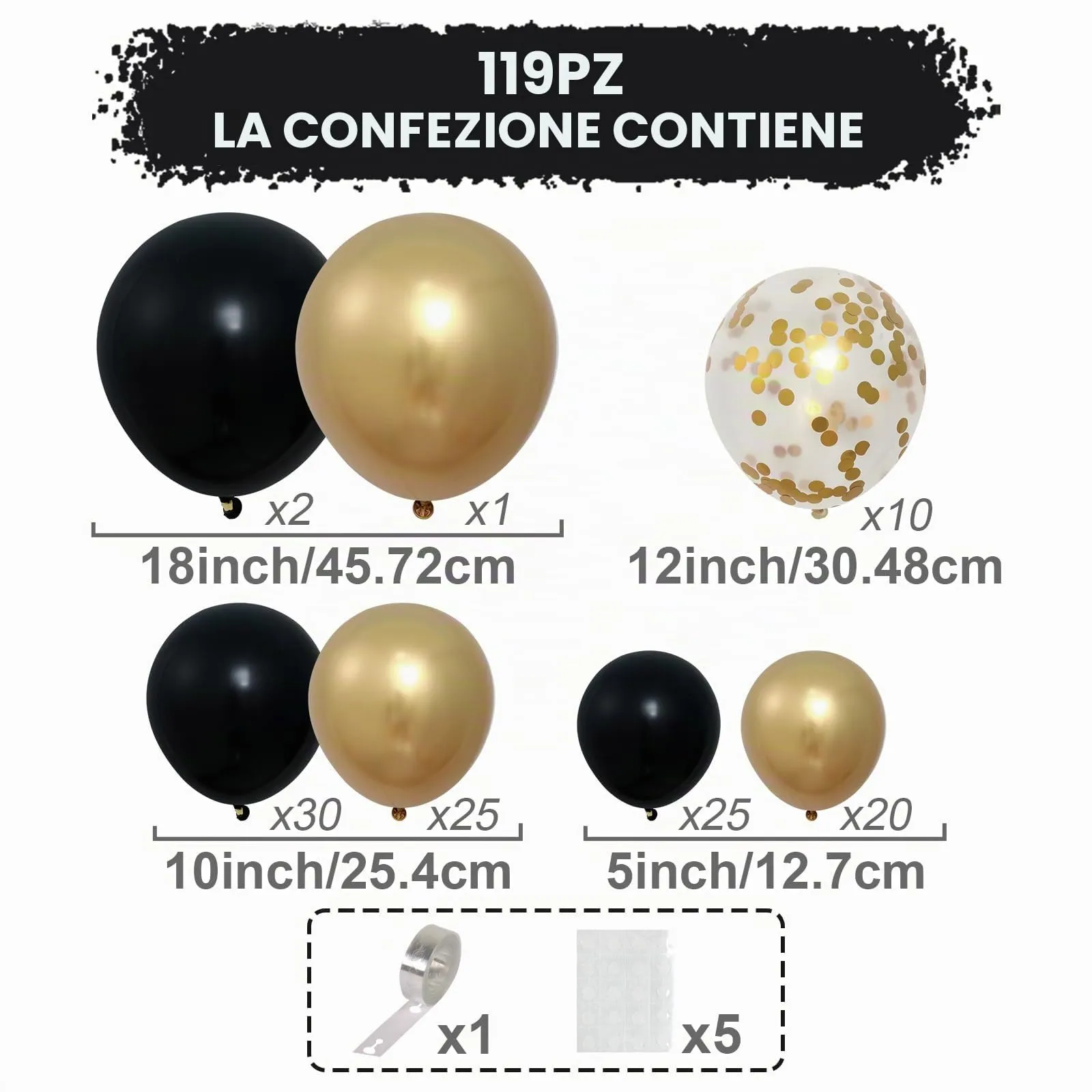 Netnology Kit Arco Palloncini Oro e Nero, 113 Pezzi, Ghirlanda Happy Birthday - immagine 2