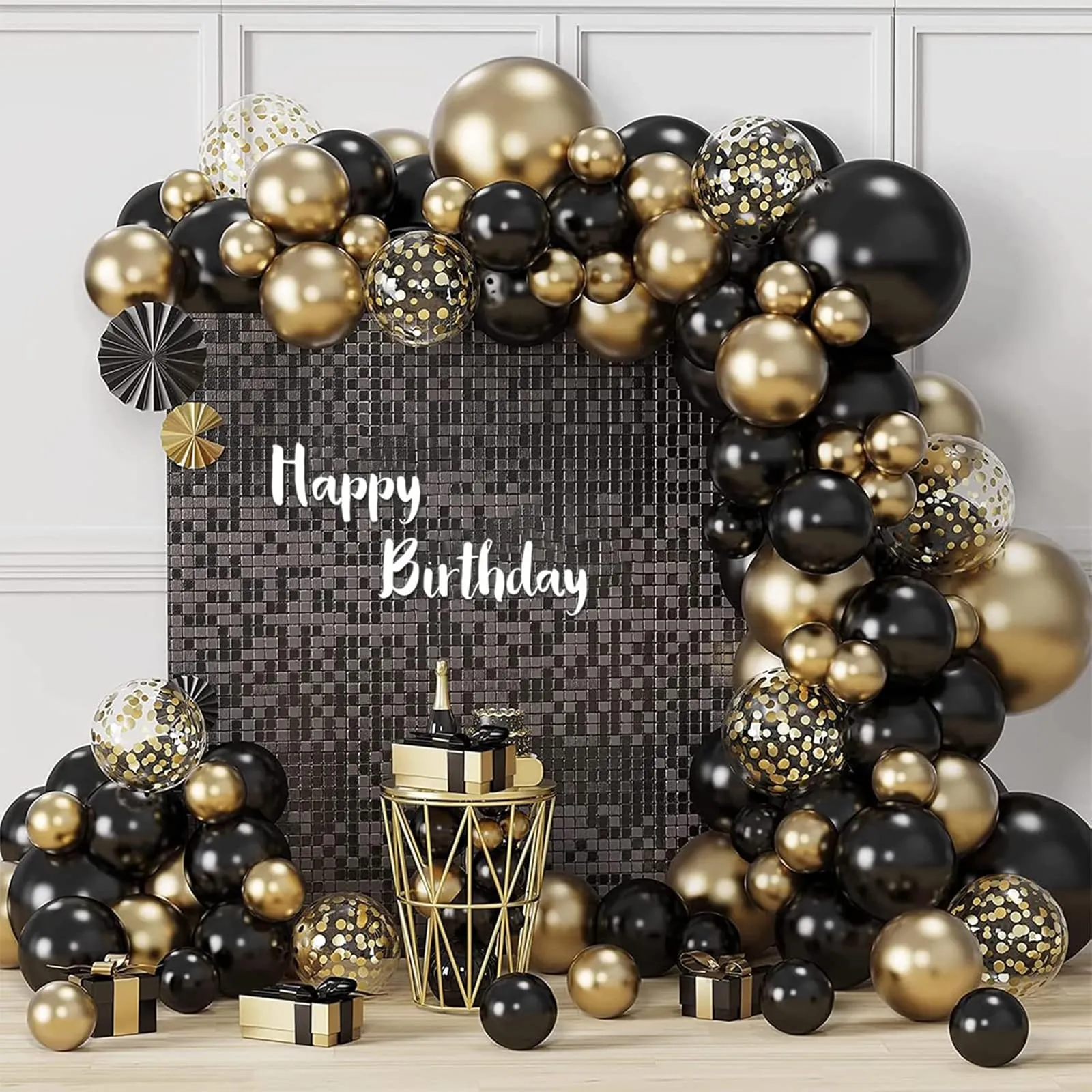Netnology Kit Arco Palloncini Oro e Nero, 113 Pezzi, Ghirlanda Happy Birthday - immagine 4