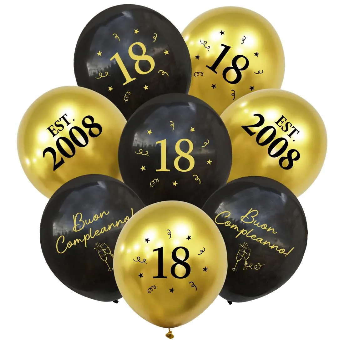 PopLuxe Decorazioni per 18° Compleanno Nero Oro, Set di 24 Palloncini EST. 2008 e Nastro - immagine 1