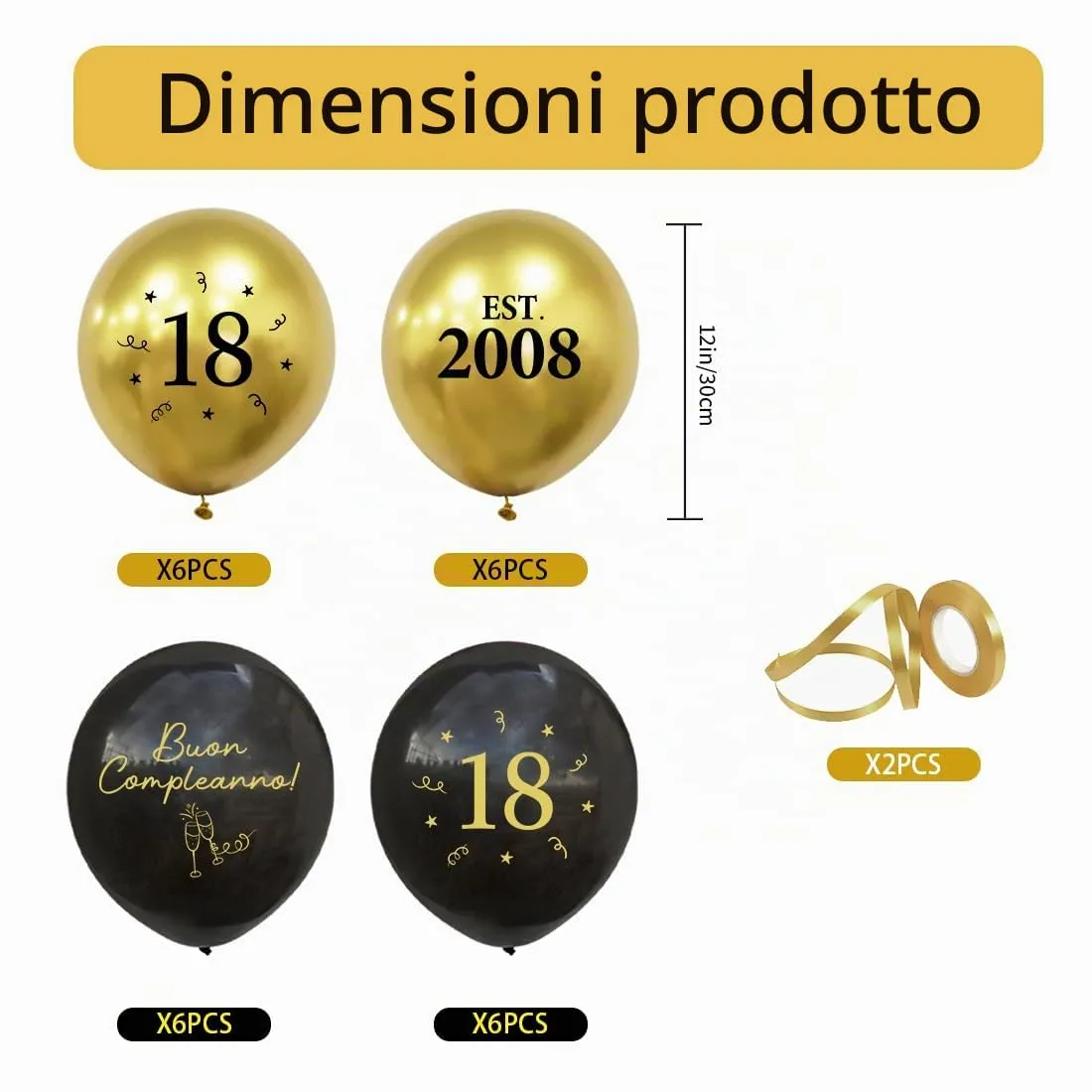 PopLuxe Decorazioni per 18° Compleanno Nero Oro, Set di 24 Palloncini EST. 2008 e Nastro - immagine 2