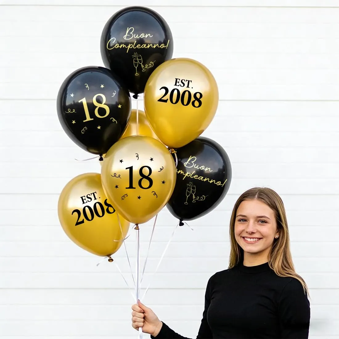 PopLuxe Decorazioni per 18° Compleanno Nero Oro, Set di 24 Palloncini EST. 2008 e Nastro - immagine 3