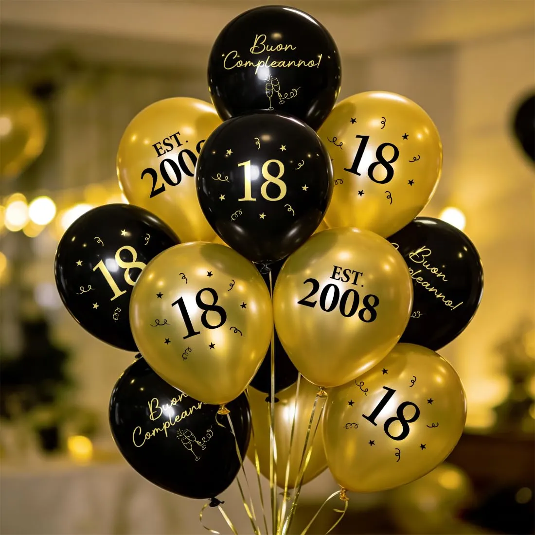 PopLuxe Decorazioni per 18° Compleanno Nero Oro, Set di 24 Palloncini EST. 2008 e Nastro - immagine 4