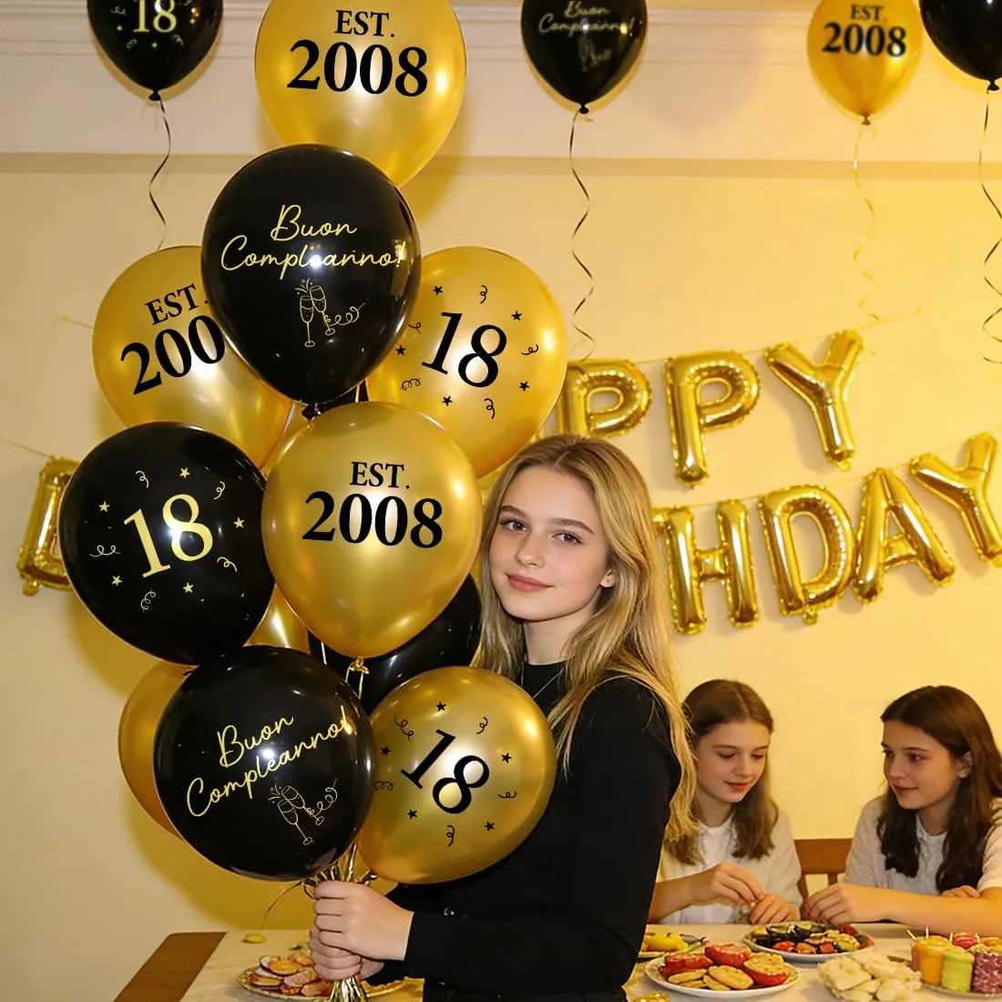PopLuxe Decorazioni per 18° Compleanno Nero Oro, Set di 24 Palloncini EST. 2008 e Nastro - immagine 5
